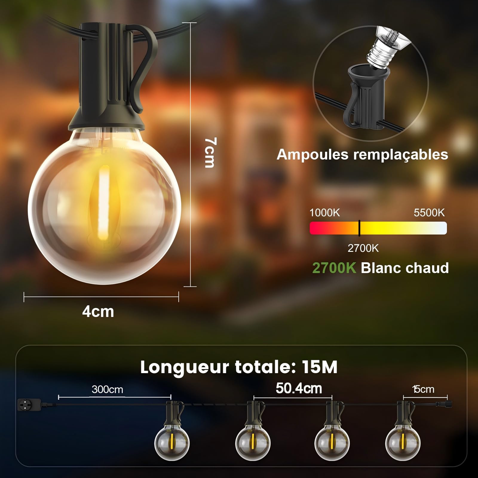 Yuusei Guirlande Lumineuse Exterieure, 15M Guirlande Guinguette Exterieur | Télécommande, étanche IP45, 25+1 G40 Ampoules LED Incassables pour Terrasse Deco Jardin Pergola Balcon Mariages et Fêtes