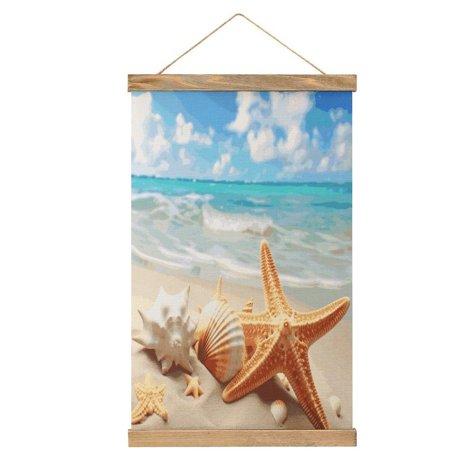 FekiLoot Starfish Seashell Ocean Beach Wall Art Poster Hanger Frame Linen Wall Art Decor Vintage Hanging Poster Hanging Wall Decor Rustic Retro Wall Art Print for Living Room Decor 20.4 X 13.1Inches