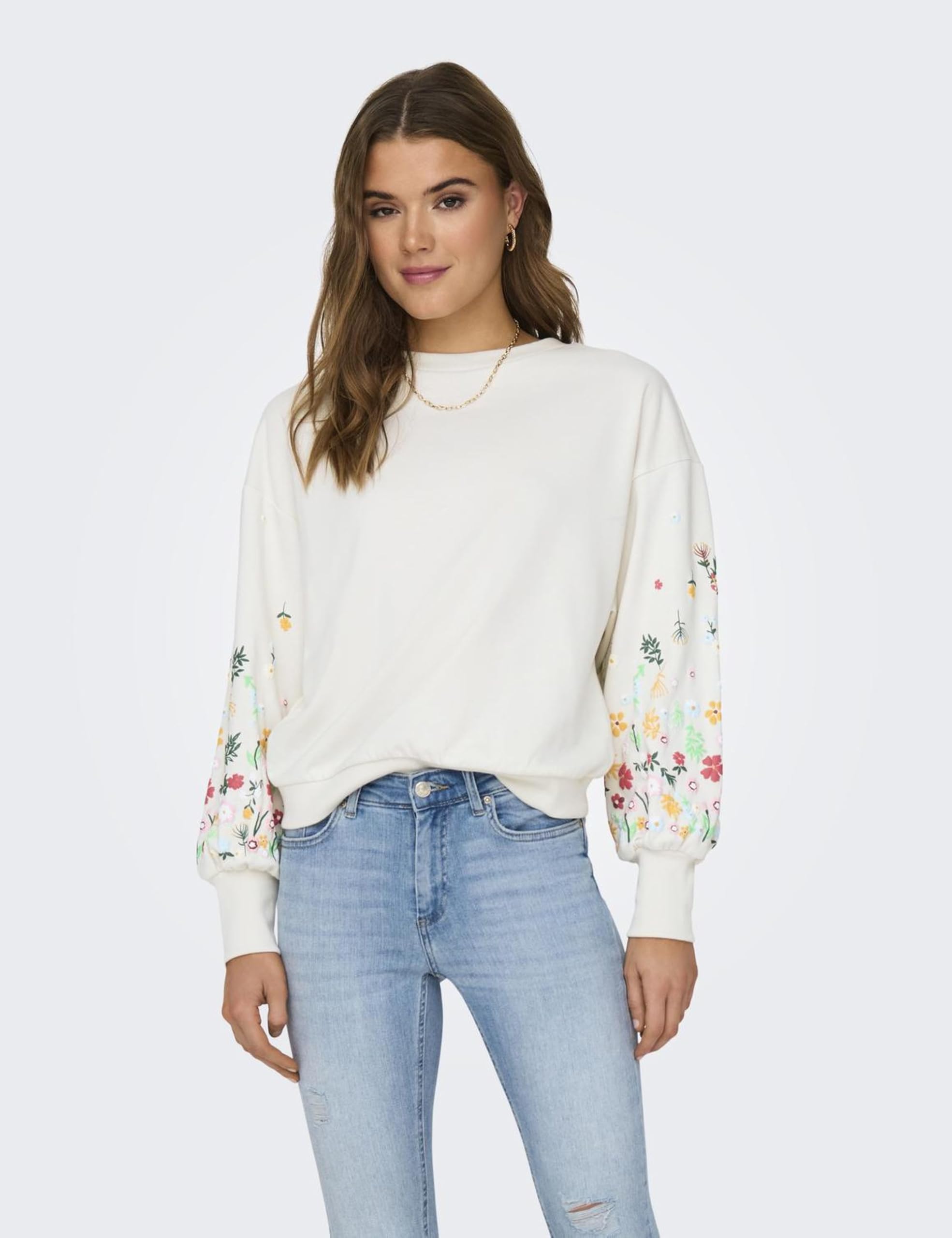 ONLY Bluza damska o normalnym kroju, okrągły dekolt, prążkowane mankiety, głęboko osadzone ramiona, Cloud Dancer 1, S