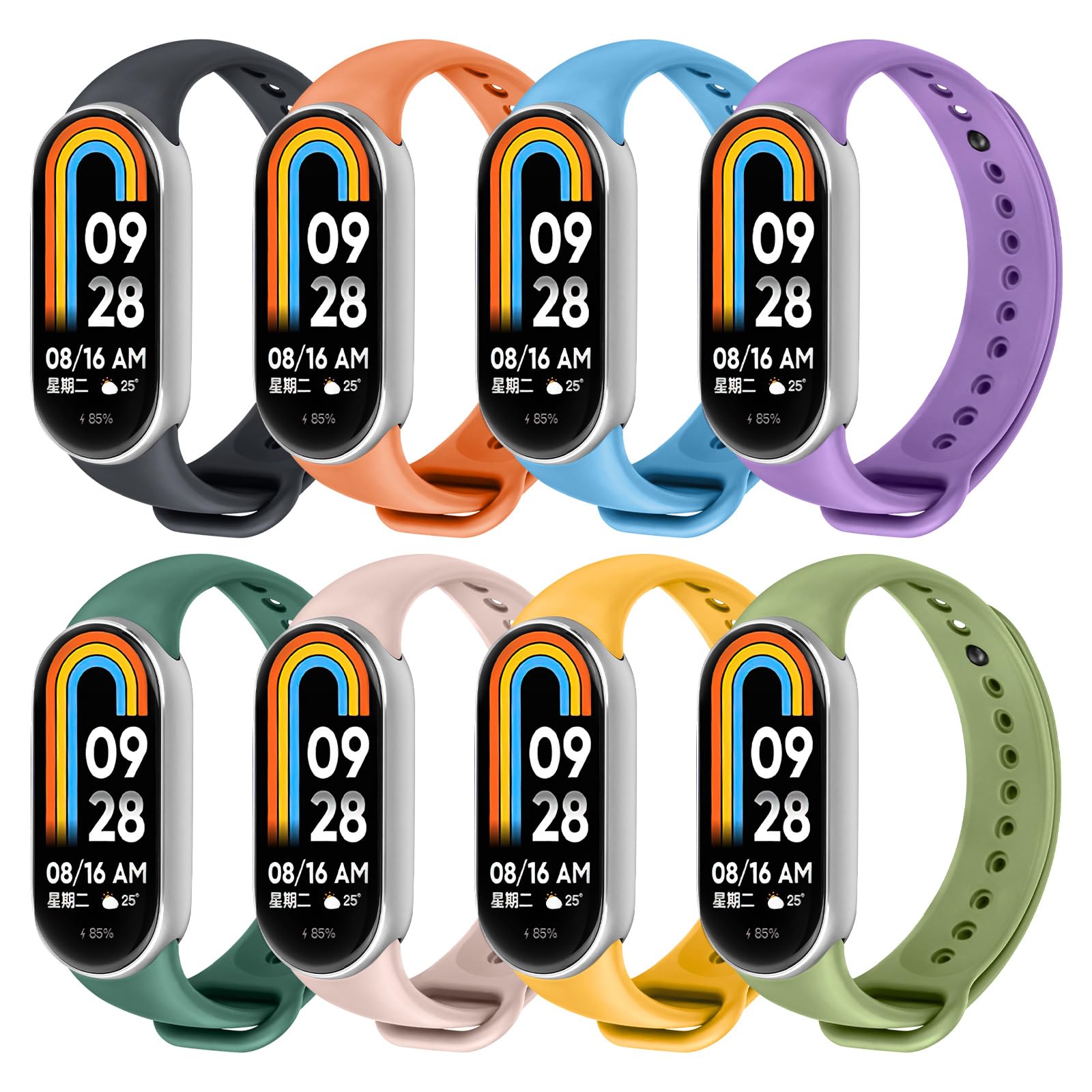 Ainiv Silicone Strap Compatible with Xiaomi Mi Band 8/9/10, 8pcs Silicone Sport Band Straps for xiaomi smart band 8/9/10, Adjustable Replacement Wristband for Women Men(Set1)