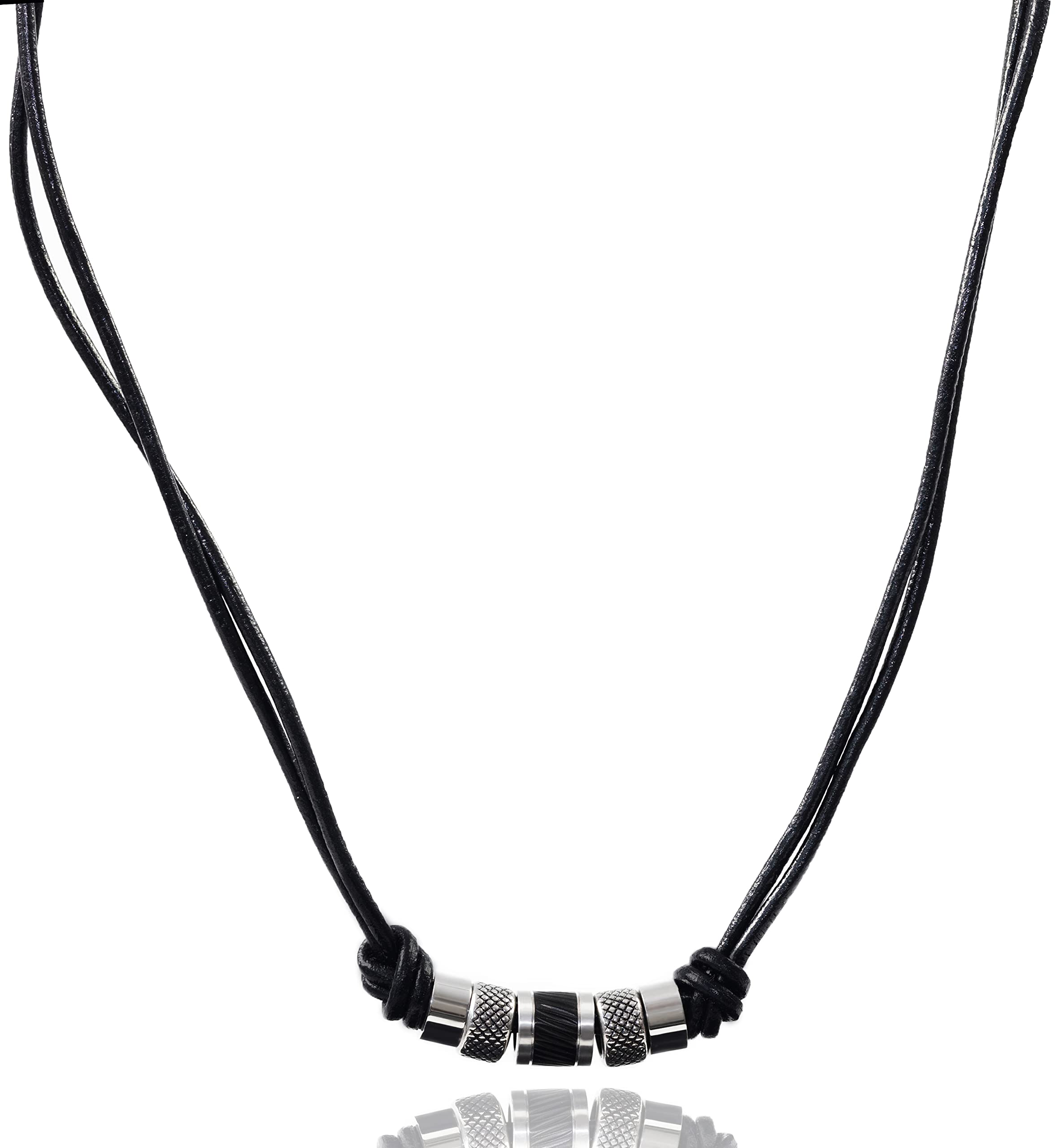 Collana da uomo in pelle con ciondolo a forma di perla, realizzata a mano, in acciaio inox argentato, 45 cm + 5 cm, collana da uomo, in pelle nera, collare, regalo per uomini