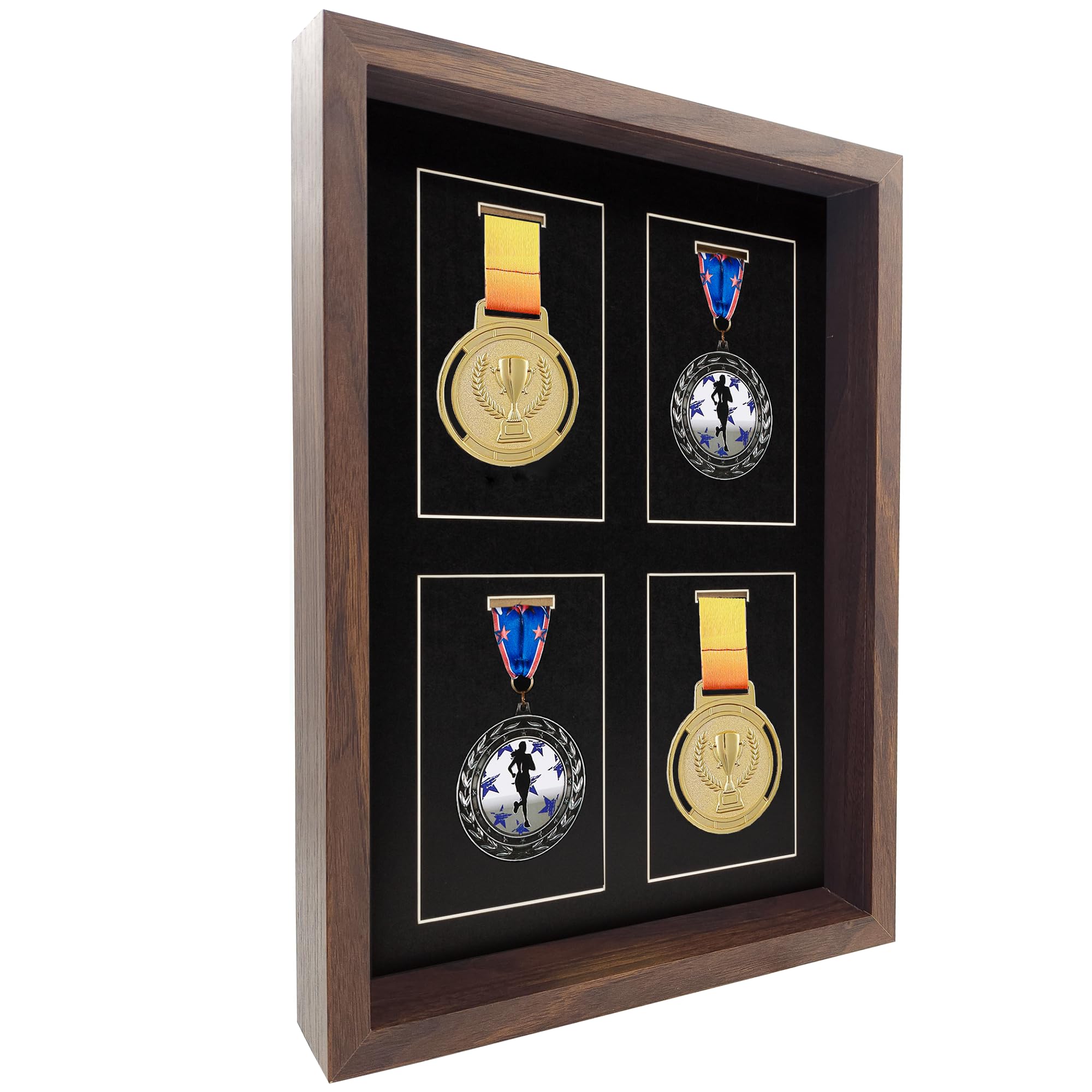 MedalAwardsRack Expositor de caja de sombras (4 medallas) - Maratón, triatlón y más (manchado)