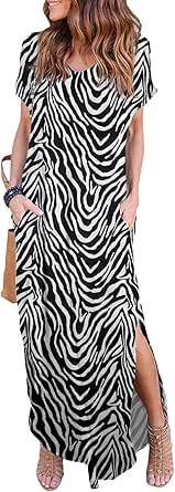 HUSKARY Women's Summer Maxi Dress Casual Loose Pockets Long Dress Short Sleeve Split
