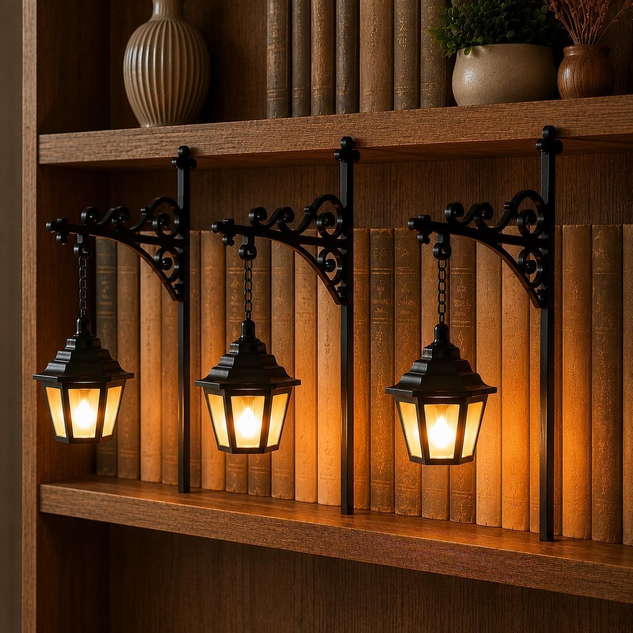Kdely Library Lantern Mini Bookshelf Lamp, Hanging Vintage LED Book Nook Light(Lantern*3)