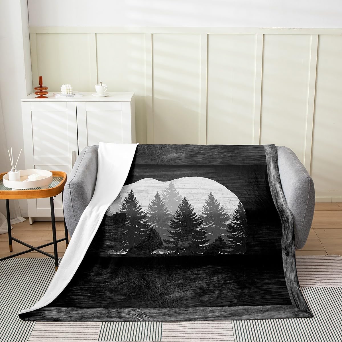 Lodge Cabin Flannel Blanket Gray Bear Pine Tree Silhouette Pattern Fleece Blanket for Bed Couch Chairs Wild Animal Western Jungle Style Bed Blanket for Kids Teens Adults Twin 60x80