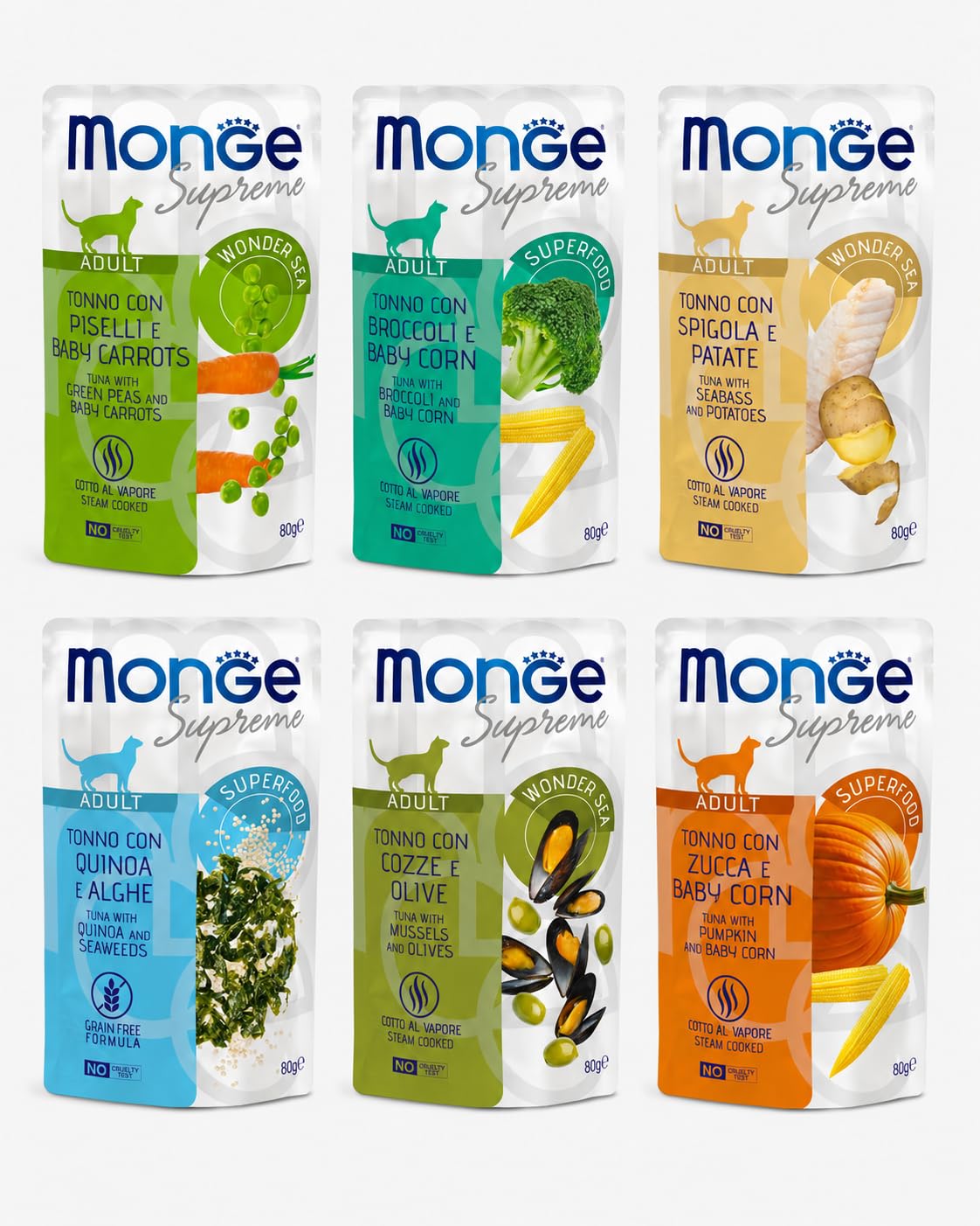 Monge Chat humide dans des saveurs assorties, nourriture humide équilibrée pour chats adultes, sans colorants ni conservateurs ajoutés, 12 sachets de 80 g chacun.