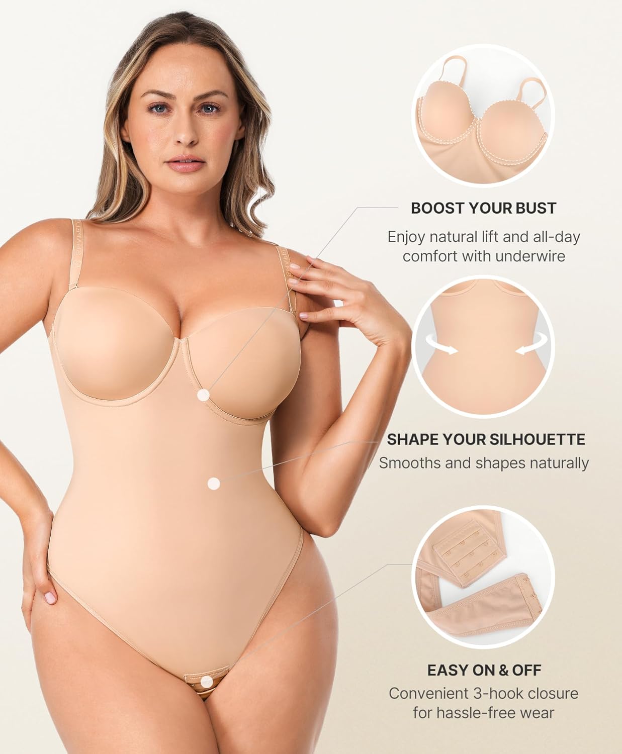 SHAPELLX Tummy Control Shapewear for Women Fajas Colombianas Moldeadoras Bodysuit Thong Body Shaper Built-in Bra Beige L - Image 3