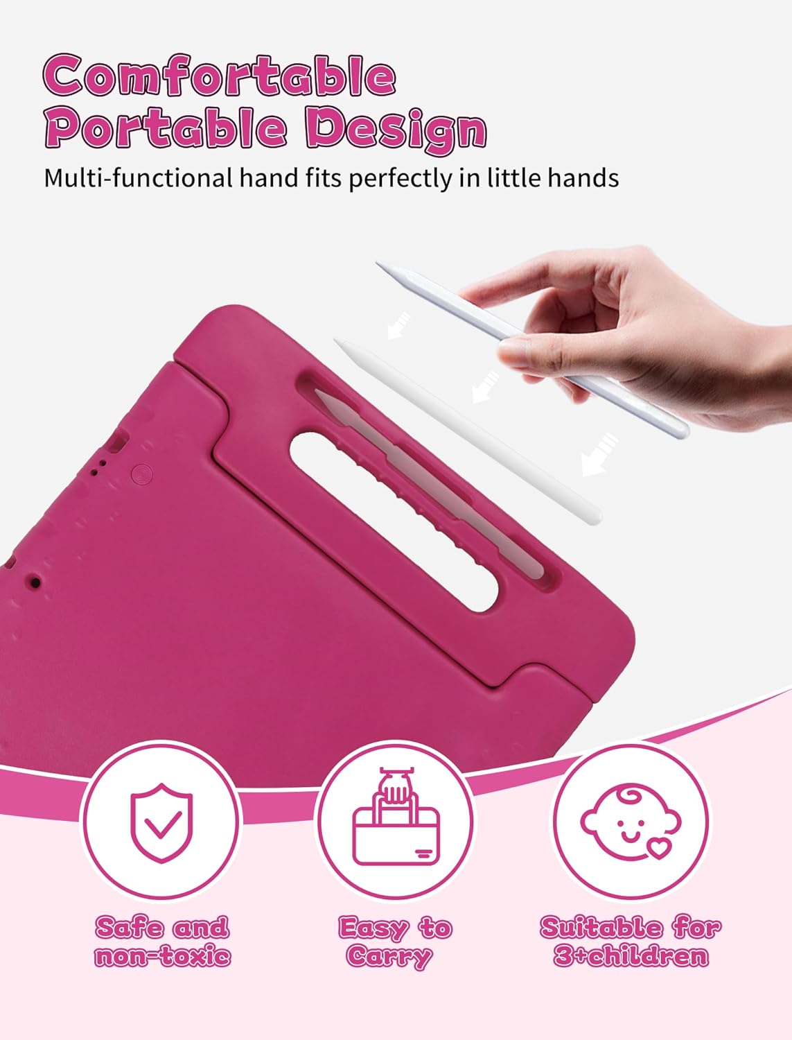 for iPad Pro 13 inch Case 2024 with Pencil Holder and Anti-Slip Hand Stand, Super Protection Rugged EVA Shockproof Kids Cover Compatible with iPad Pro 13-inch (M4)-Rose Red