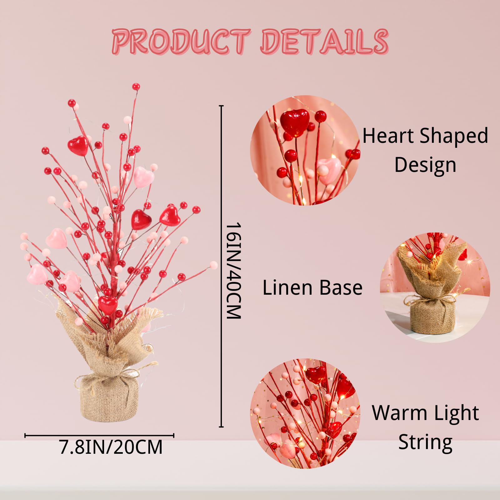 Valentines Day Heart Table Tree Decoration, 16 Inch Lighted Valentines Tree Decor for Valentines Day Party Home Decor