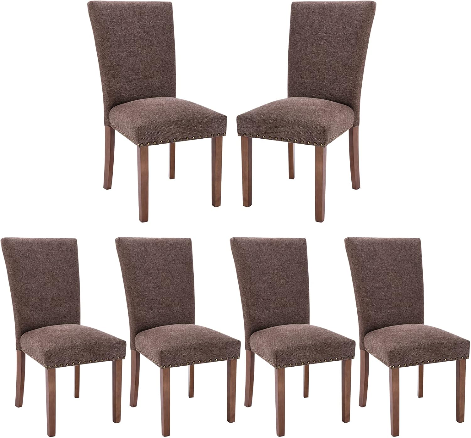 COLAMY Upholstered Parsons Dining Chairs Set of 6, Fabric Dining Room Kitchen Side Chair with Nailhead Trim and Wood Legs - Brown