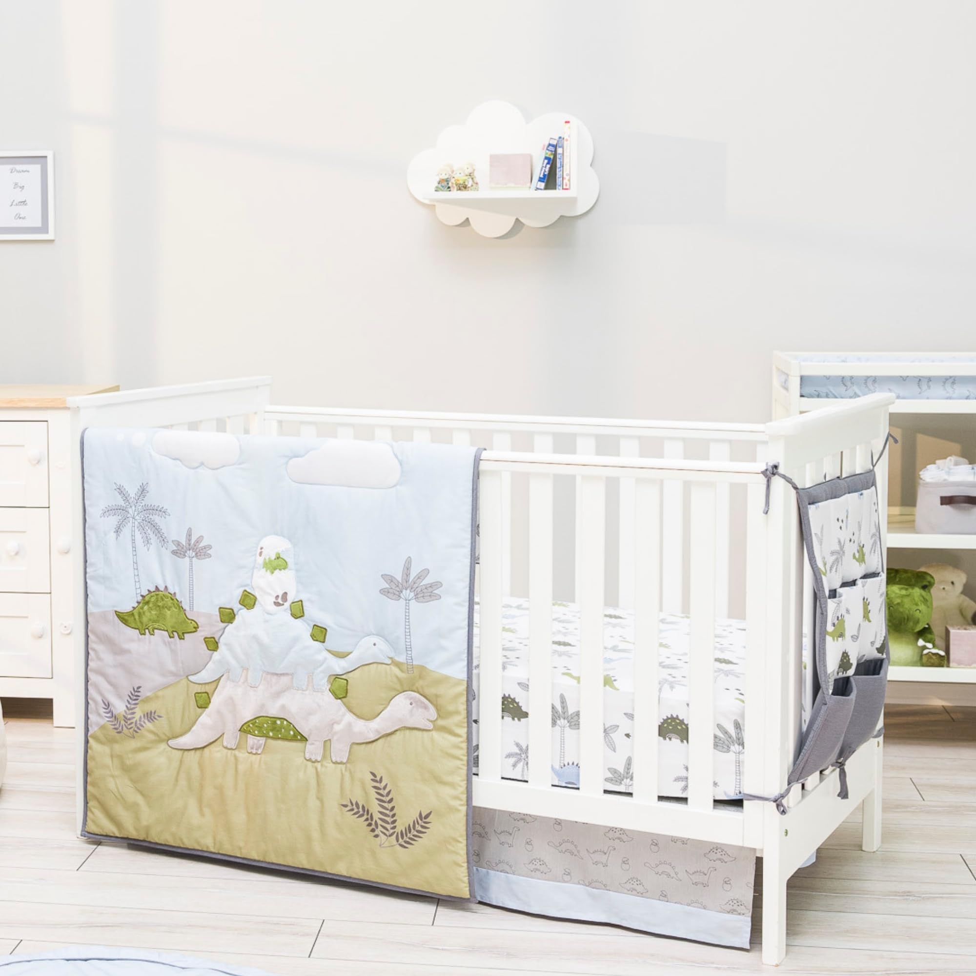 Dinosaur Baby Bedding Set Boys - 6 pcs Baby Boy Bedding Sets Dino Blanket, 2 Fitted Bed Sheets, Pillowcase, Skirt &amp; Dinosaur Nursery Organizer - Designed in France, Blue-White