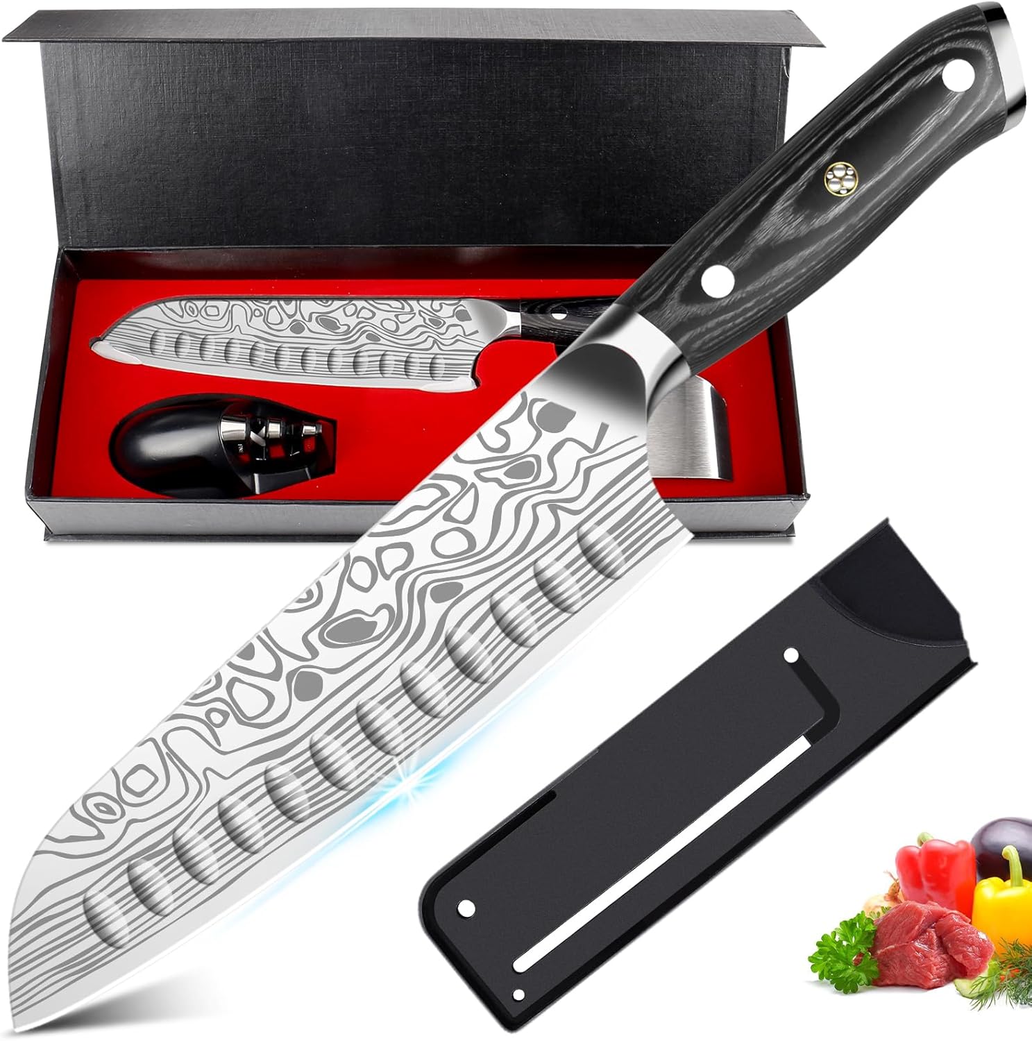 7″ Santoku Knife,High Carbon Stainless Steel Chef Knife,kitchen Nakiri knife with Finger Guard and Knife Sharpener,Chef Knife Gift Box for Family,for Family and Friends
