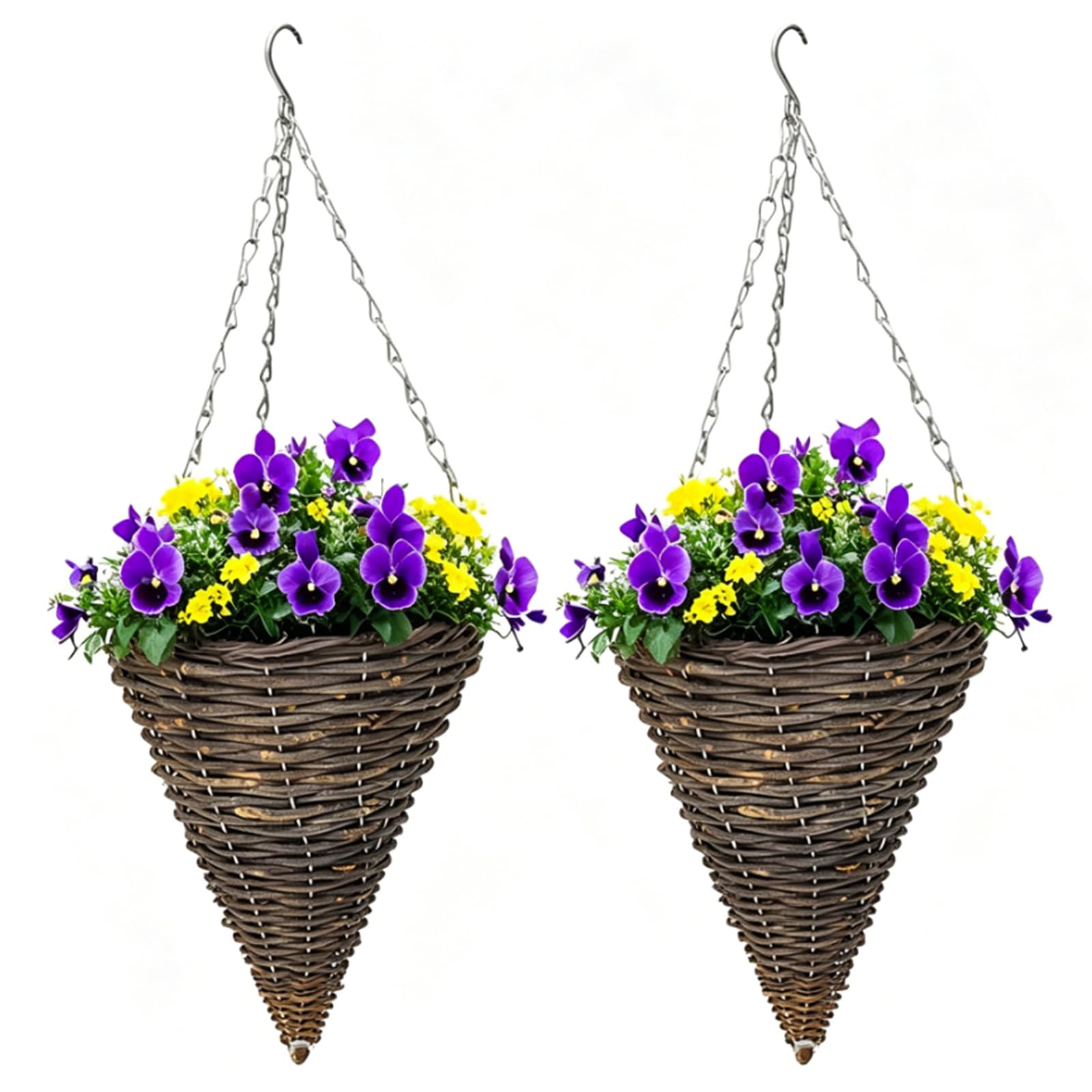 2Pcs Cone Shaped Hanging Basket with Chain Hook and Plastic Liner Rustic Cone Hanging Flower Basket Rustic Conical Plant Basket for Porch Front Door Garden Home Patio (10inch) (A)
