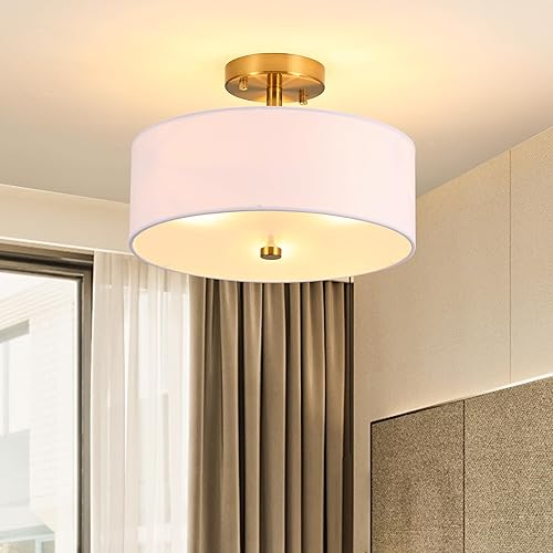 Miniatura 8 de Ludil Lámpara de techo semiempotrada de 3 luces, lámpara de techo de 13 pulgadas, lámpara de techo moderna de metal dorado con pantalla de tela