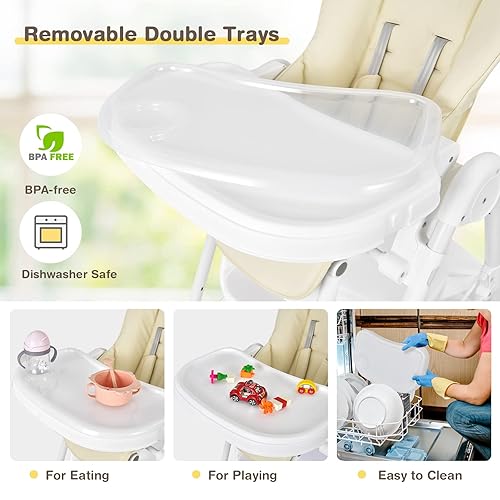 Miniatura 7 de BABY JOY Silla alta para bebés y niños pequeños, trona plegable rápida con 2 ruedas con bloqueo, canasta de almacenamiento grande, bandejas dobles