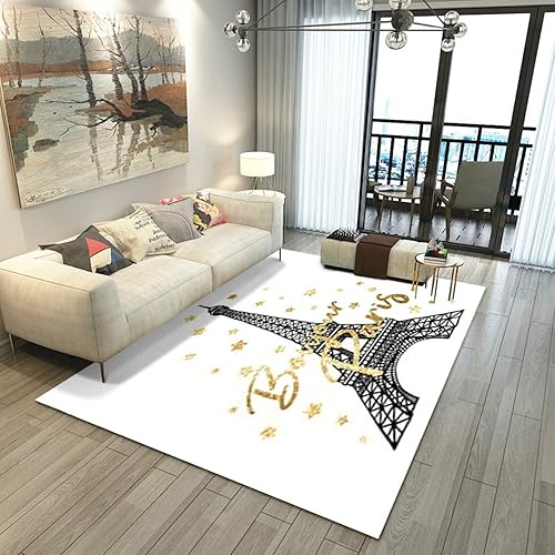 Miniatura 10 de Alfombra antideslizante de la Torre Eiffel París para sala de estar, estilo frech en acuarela, ciudad de amor, pareja y dormitorio, con hojas rosas,