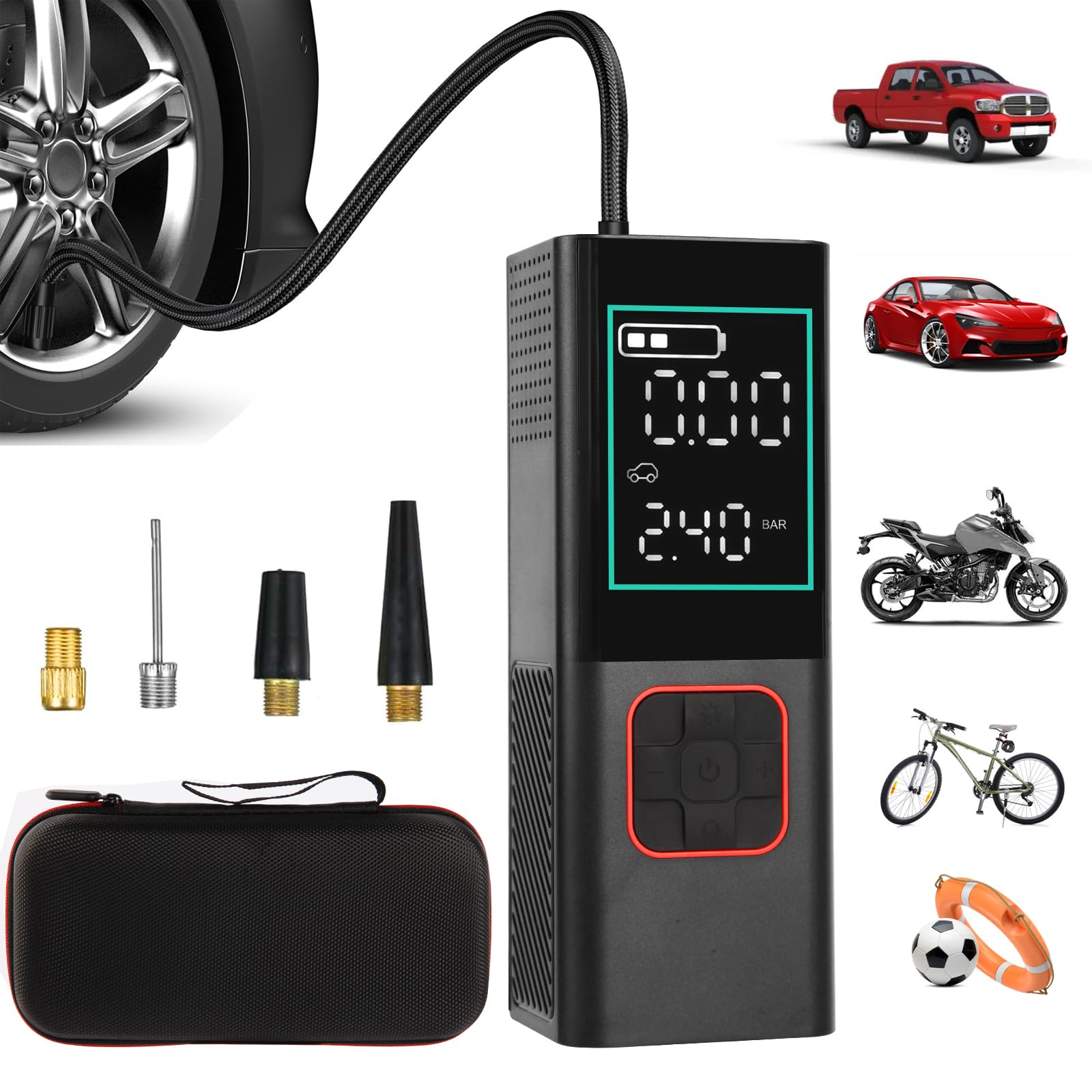 Compressore d'aria portatile per pneumatici, 160 psi, 7800 mAh, 25 cilindri, 3 volte più veloce, per gonfiare la pressione dei pneumatici dell'auto, con manometro digitale, adatto per auto, moto