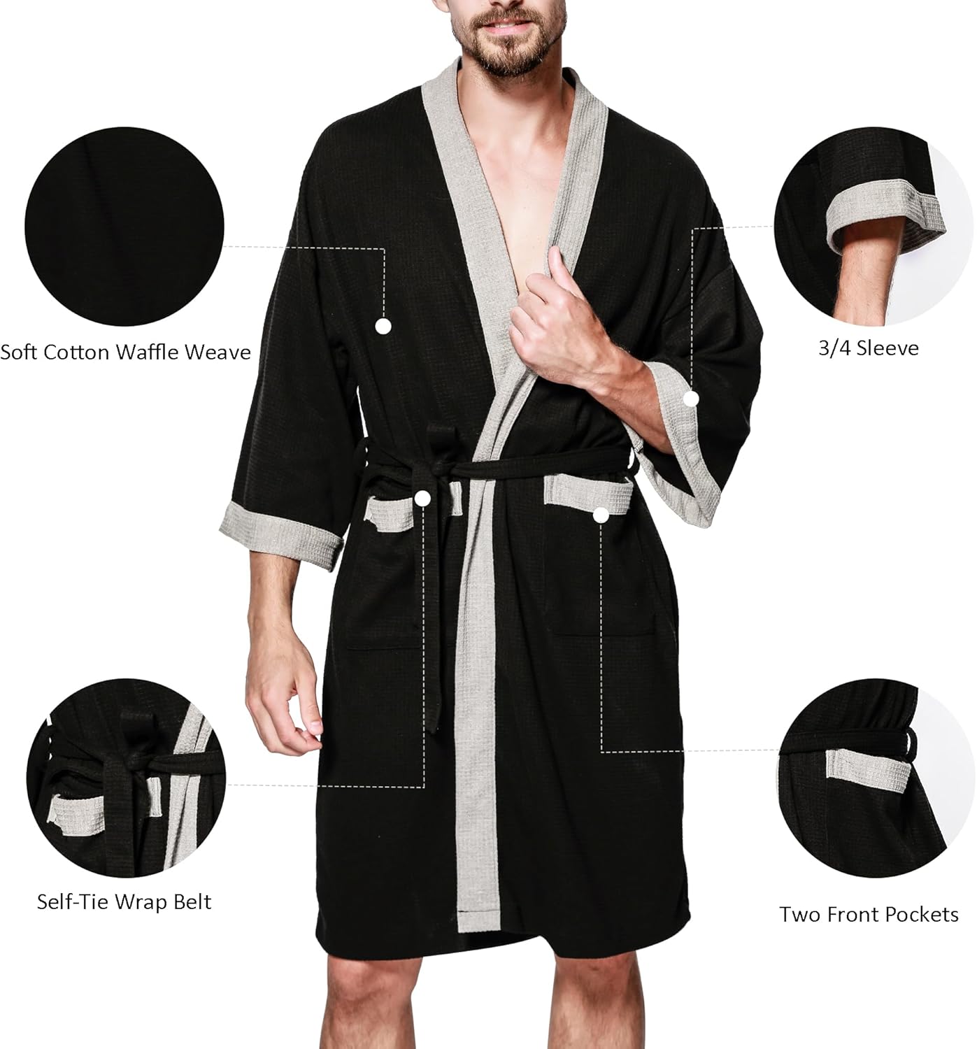 Haseil Men's Turkish Cotton Bathrobe Waffle Kimono Terry Cloth Hotel Spa Robes - Image 4