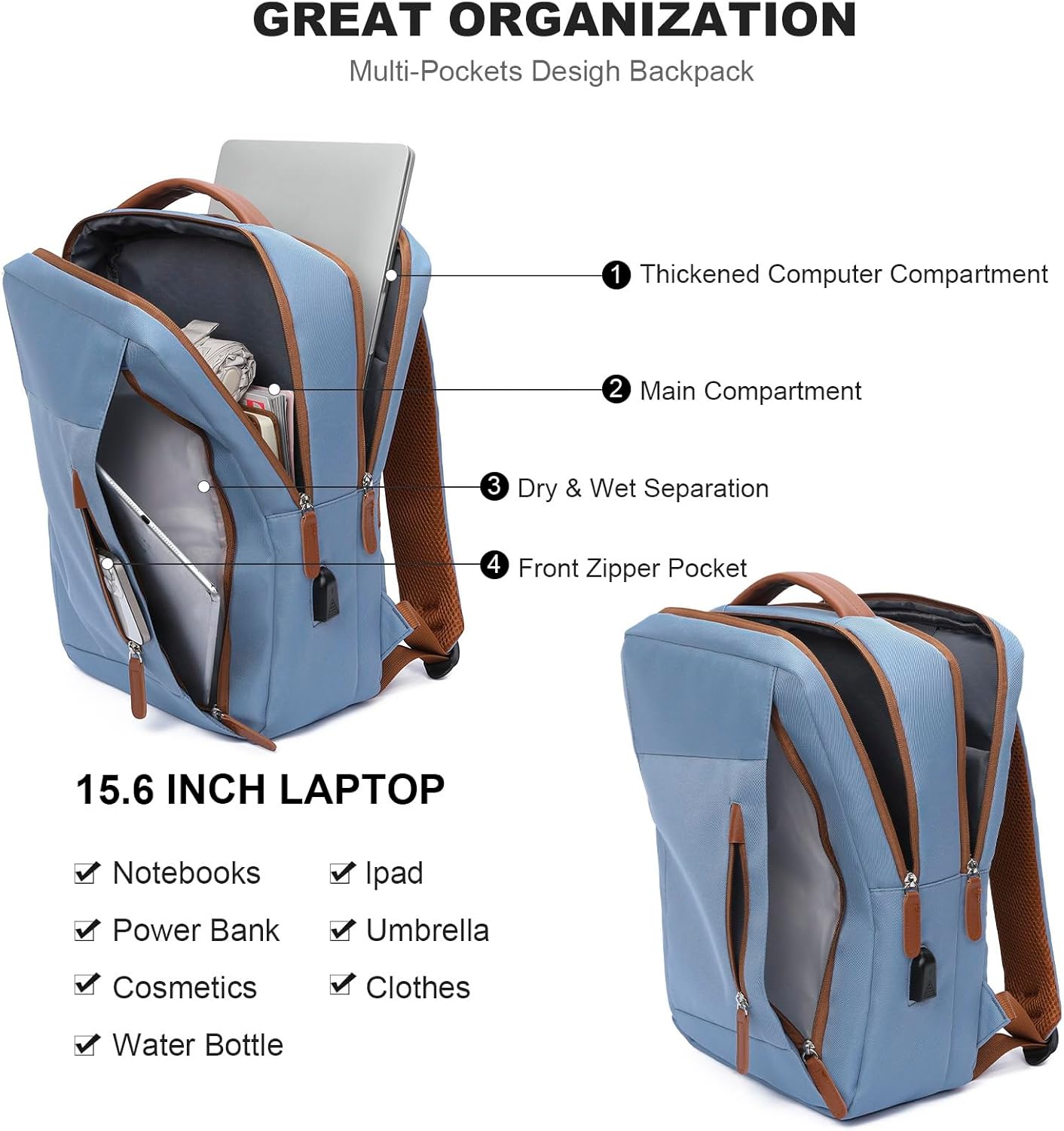 GAEKEAO Laptop Backpack 15.6 Inch Travel Backpack with USB Charging Port Lightweight Daypack Computer Bookbag for Travel Business Work College,Light Blue