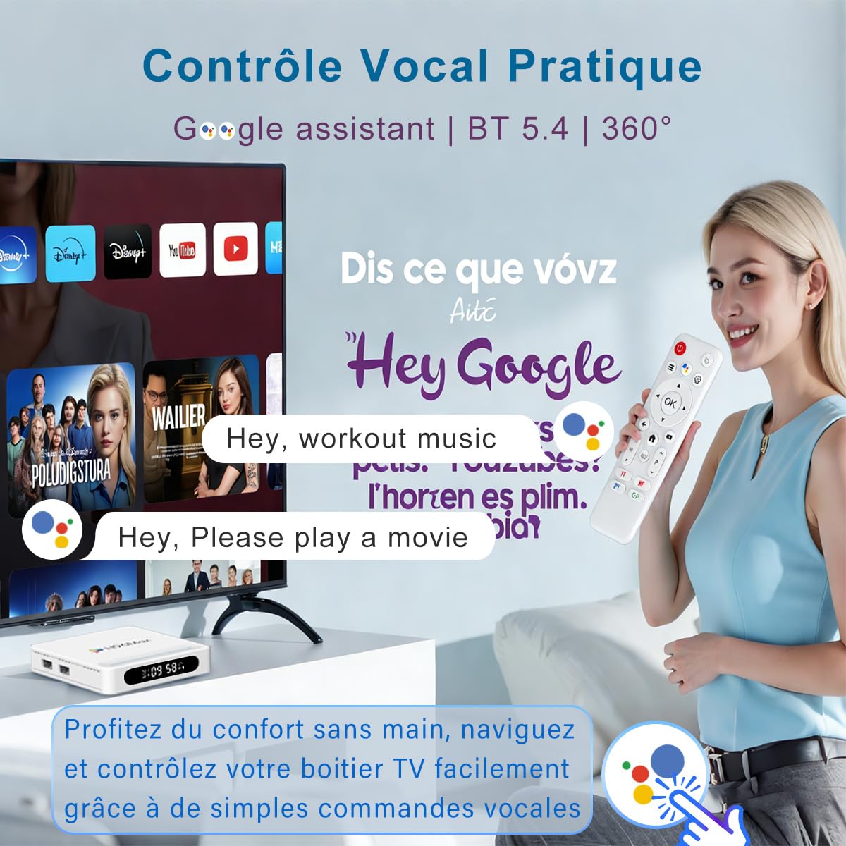 Android 14.0 TV Box, 4Go RAM 128Go ROM, LEFFOT 4K Ultra HD Boîtier TV ﻿ | Boitier IP-TV Android, Support Décodage 8K, Contrôle Vocale, WiFi 6, BT 5.4, 100M Ethernet, HDR10,H618 Quad-core A53