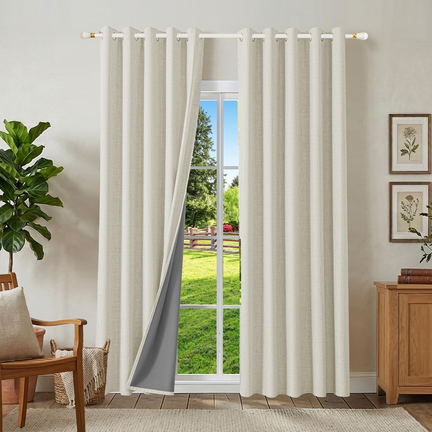 Runyéla 100% Blackout Linen Curtains Eyelet 72 x 54 Inch Drop for Bedroom Kitchen Living Room Thermal Curtain 2 Panels Light Beige