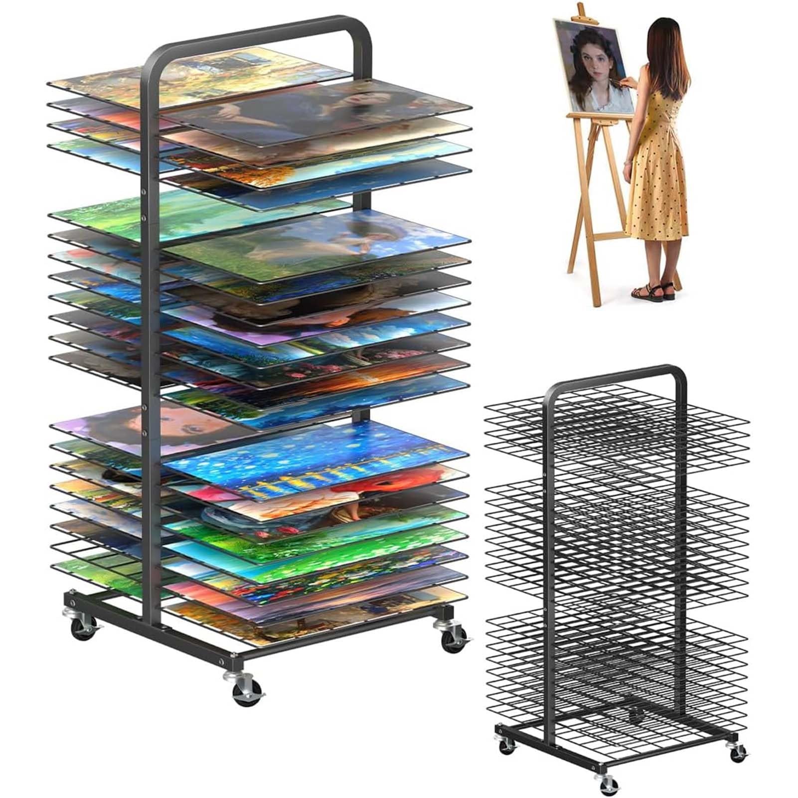 THEGA Art Drying Rack For Painting, Metal Paint Drying Stand With 40 Removable Shelves, Movable Paint Drying Rack With Lockable Wheels, Art Canvas Storage Rack For Classrooms & Art Studios