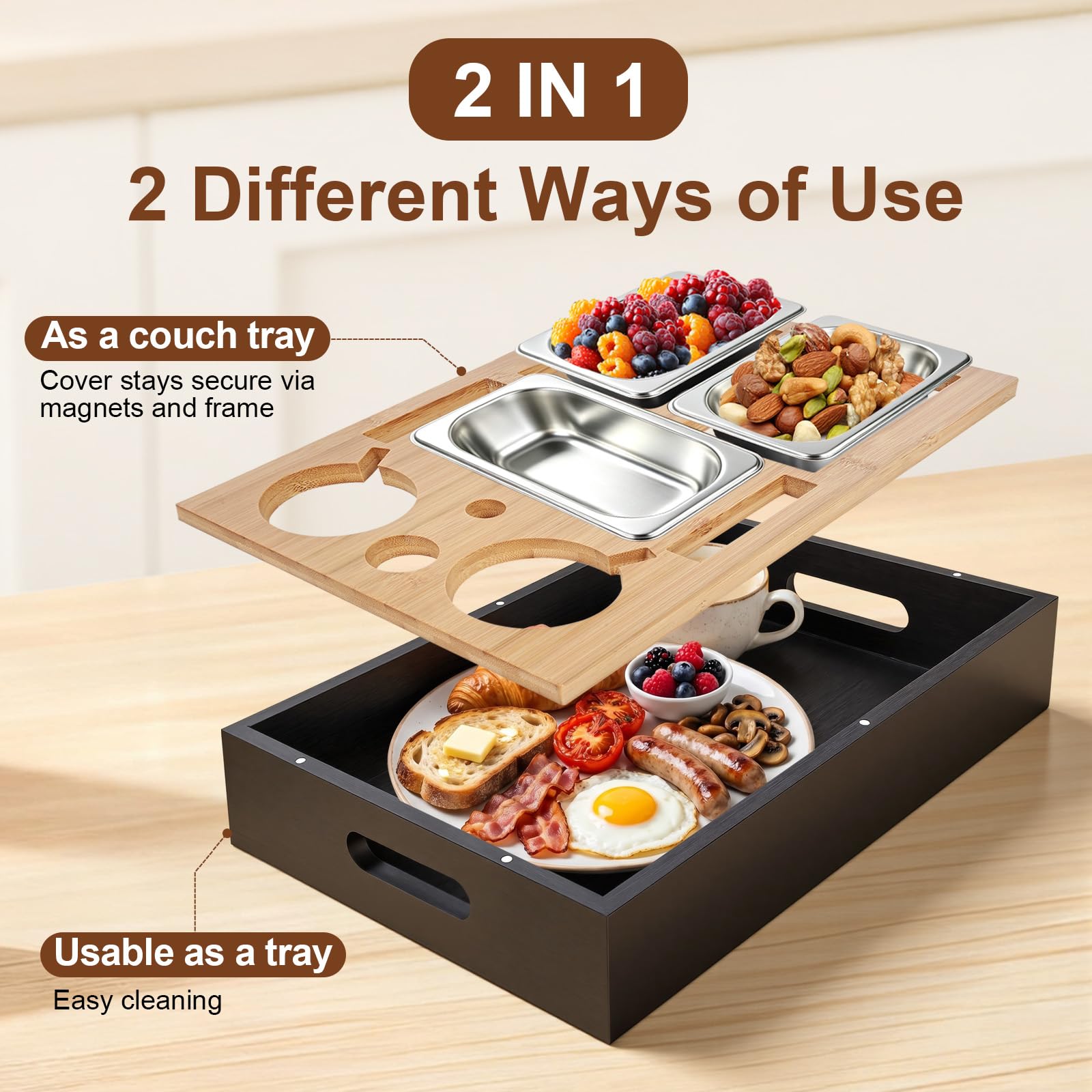 Bandeja para Sofá, Snackbox, Bandeja de Madera, Organizador de Bocadillos, Regalo para Hombres(Negro)