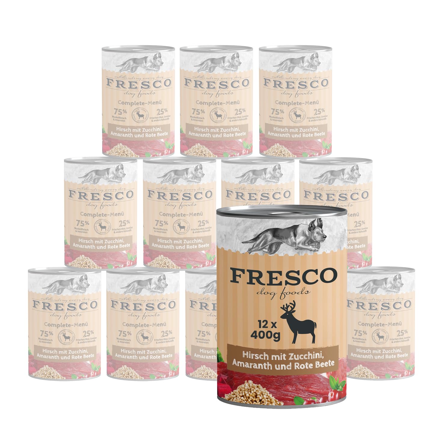 FRESCO Dog NassBarf Hirsch mit Zucchini, Amaranth & Rote Beete 12 x 400g | Hundefutter Nass getreidefrei | Mono-Protein & 75% Frischfleisch | Barf Nassfutter für Hunde ohne künstliche Zusätze