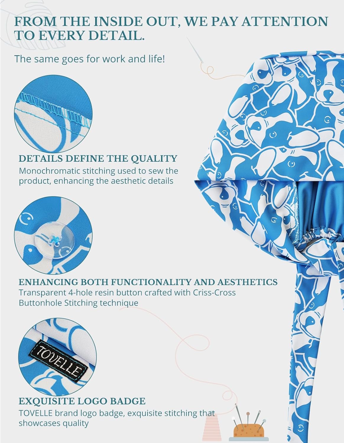 Scrub Caps Women, Double-Sided Printed Adjustable Women's Surgical Cap with Buttons, Breathable Design for Nurses and Doctors - Image 2