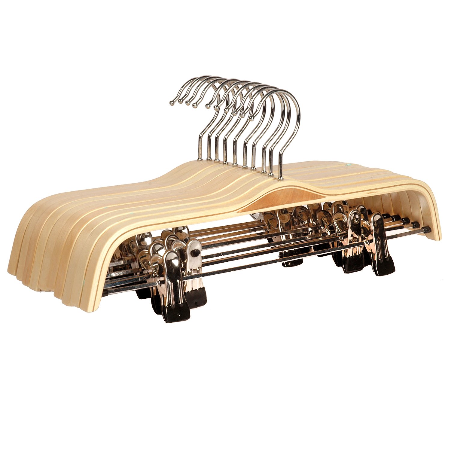 LOHAS Home 10-Pack Solid Natural Finish Wooden Trousers/Skirt Hangers with Anti-rust Clips