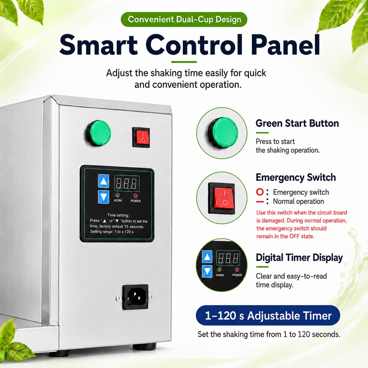 Shaker Eléctrico para Cócteles 120W, Doble Vaso, Temporizador | 340 rpm; Inox; Soportes 350–1000 ml; Inicio Rápido; Parada de Emergencia; Base Lastrada; Incluye 2 Vasos Shaker; Cóctel, Bar