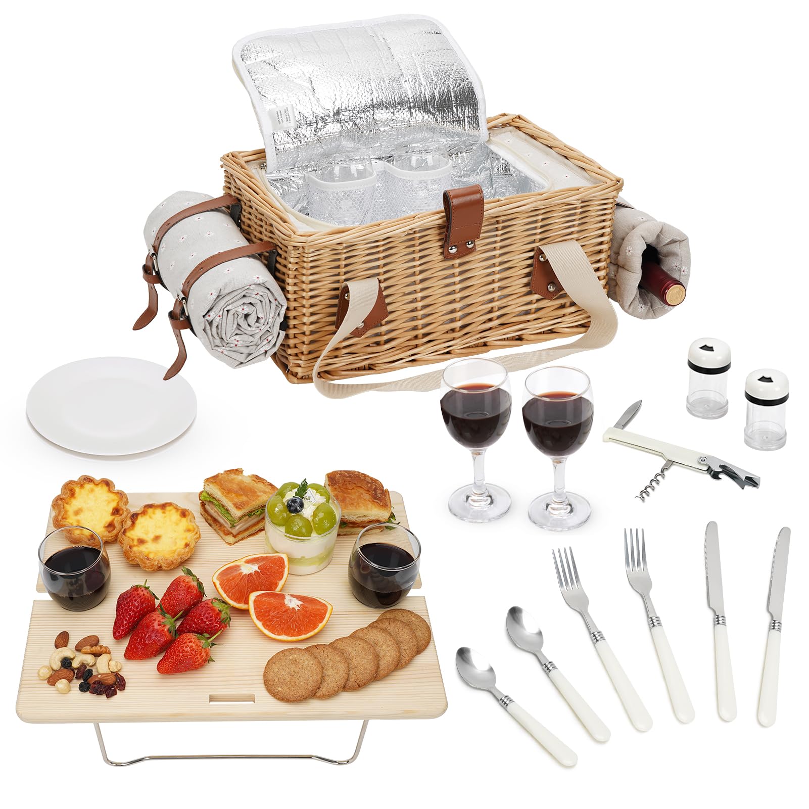 Juego de cesta de picnic con mini mesa plegable y juego de cubiertos, cesta de picnic para 2 personas con bolsas frías, cesta de mimbre con asa, cesta de mimbre para picnic, camping, fiesta al aire