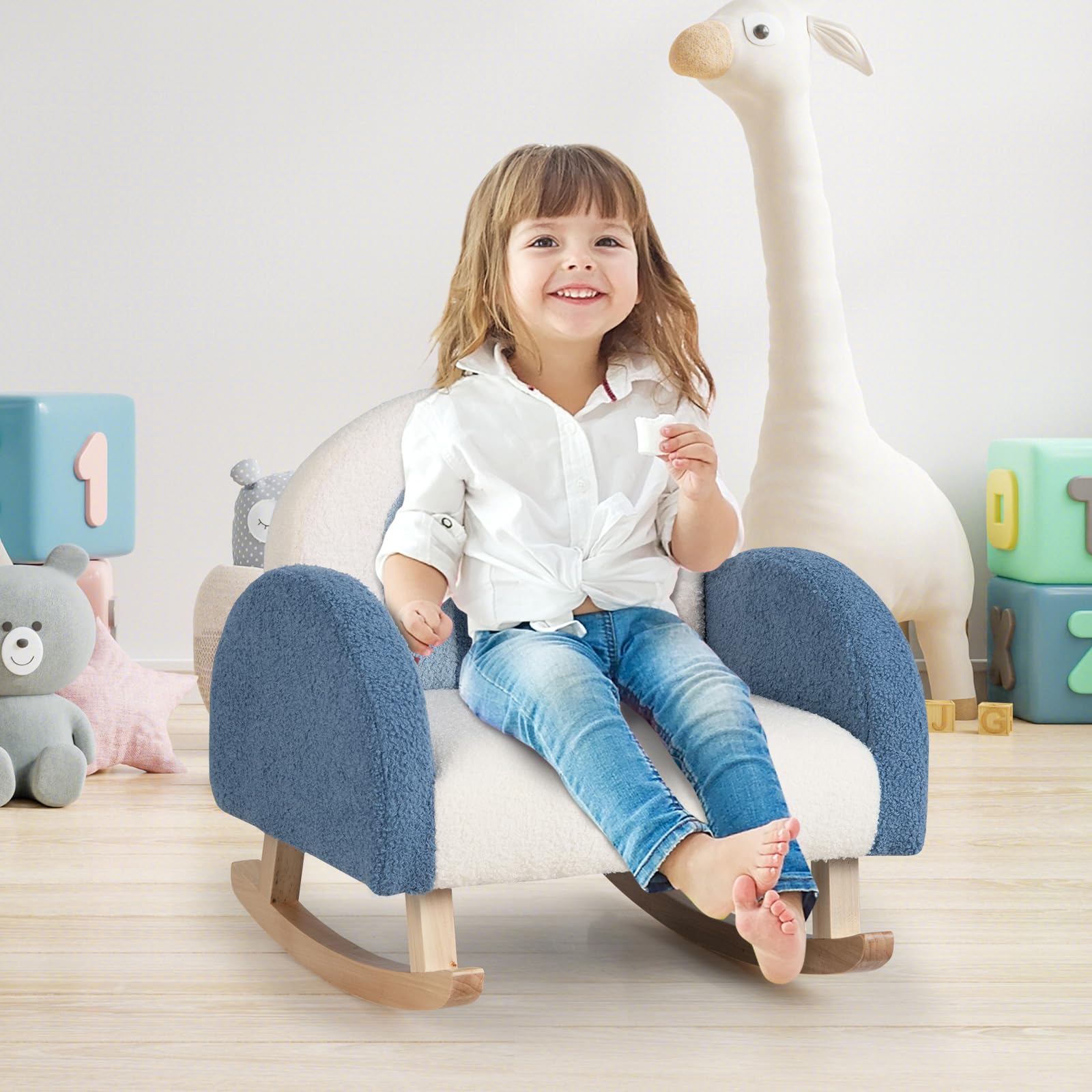 GYMAX Poltrona per Bambini a Dondolo in Teddy Velluto con Gamba in Legno Massello, Poltrona Imbottita a Dondolo per Bambini Carini per Asilo Nido e Sala Giochi, Età 3-5 Anni (blu)