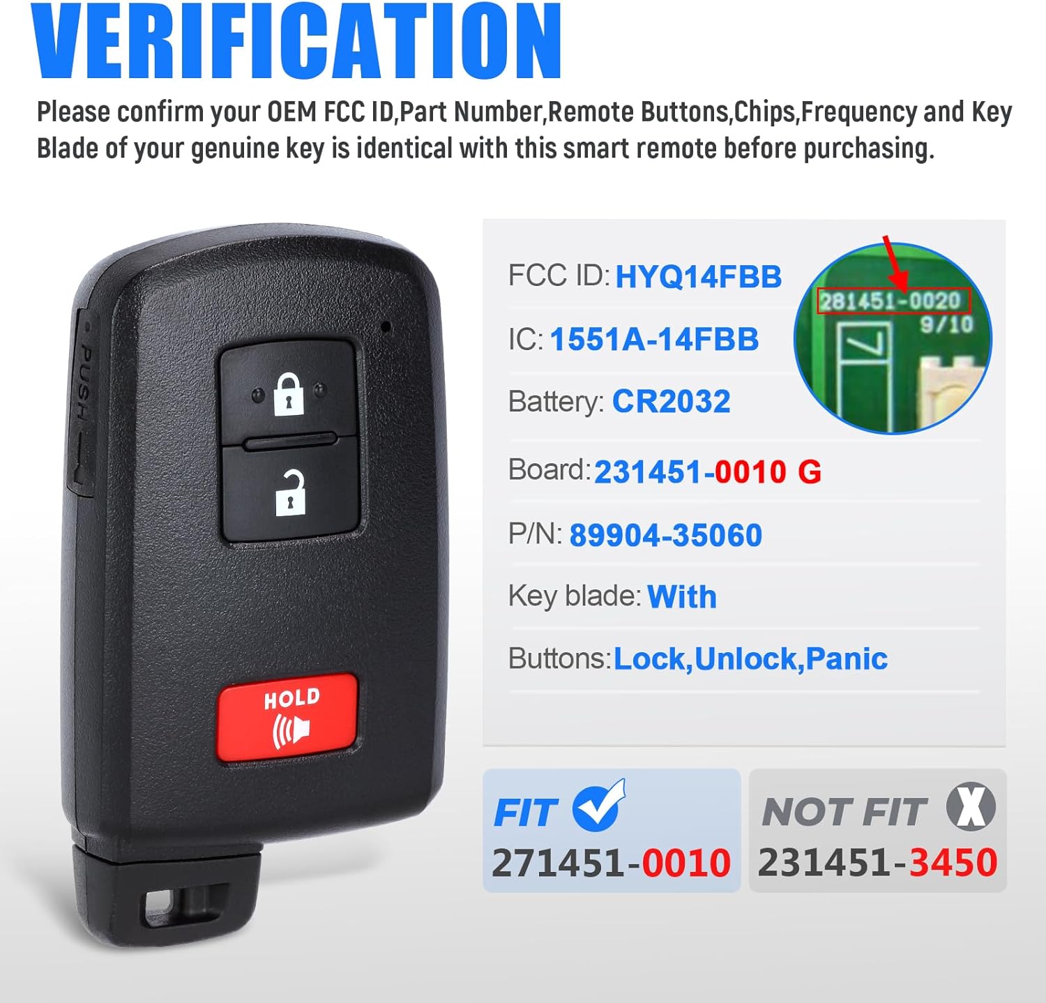 Car Smart Remote Key Fob Replacement for Toyota Tacoma Tundra 4Runner Sequqia 2021 2022 (FCC ID:HYQ14FBB P/N: 89904-35060 231451-0010) 3 Buttons
