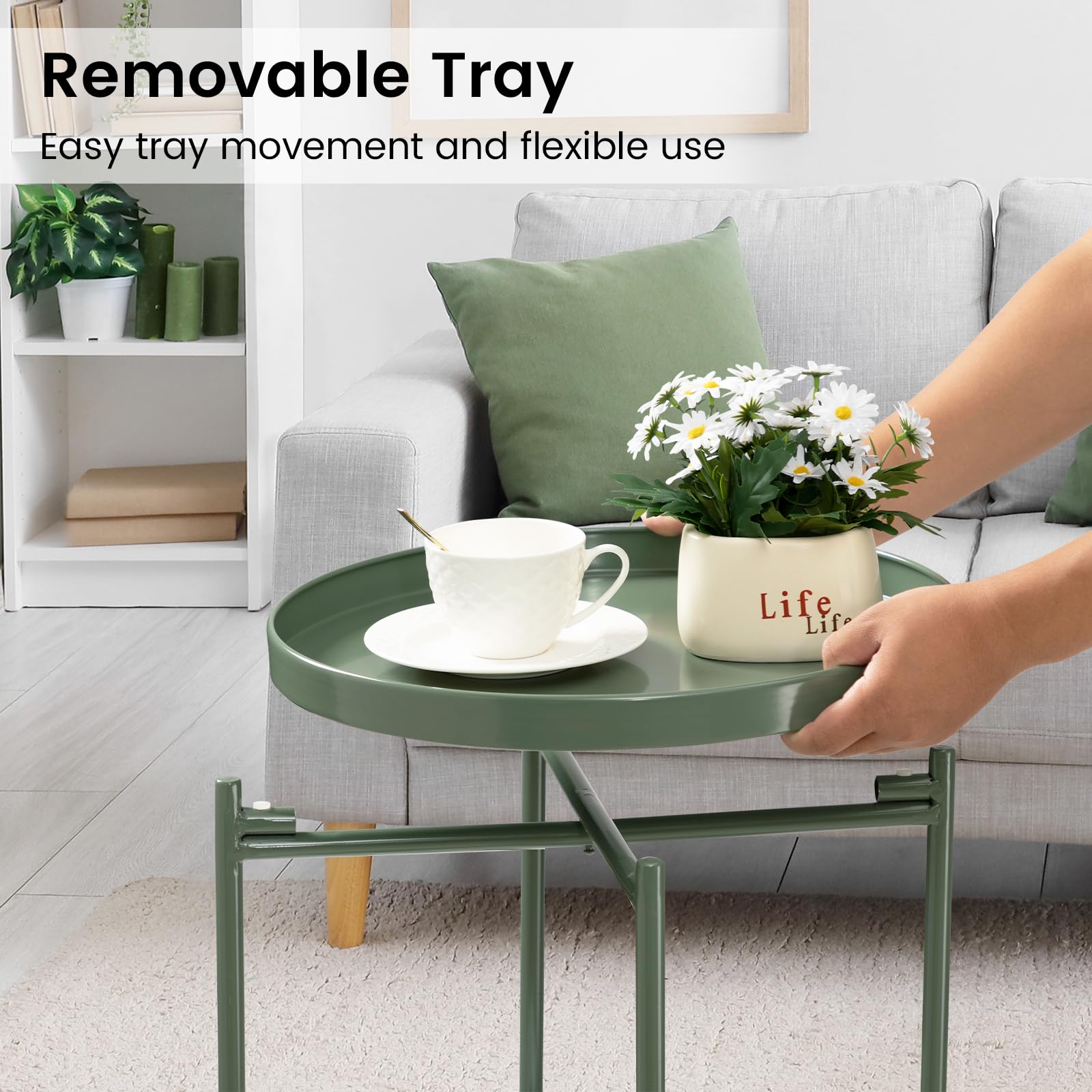 Mesa auxiliar de metal de 2 niveles con bandeja extraíble, mesa auxiliar plegable al aire libre, mesa auxiliar pequeña, mesa de noche verde antioxidante para dormitorio, balcón patio (verde oscuro) 2