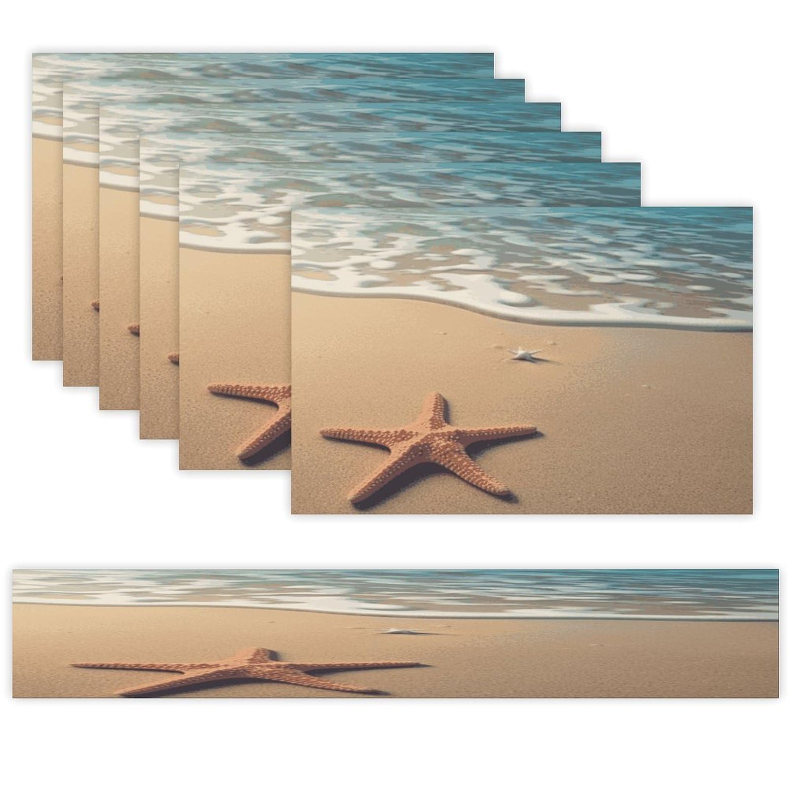 3D Beautiful Starfish on Beach Sand Table Runner and Placemats Set of 6 Wipe Clean Heat Resistant Table Mat with Table Runner Decorations Flax Linen Place Mat Set for Home Kitchen Party Supplies
