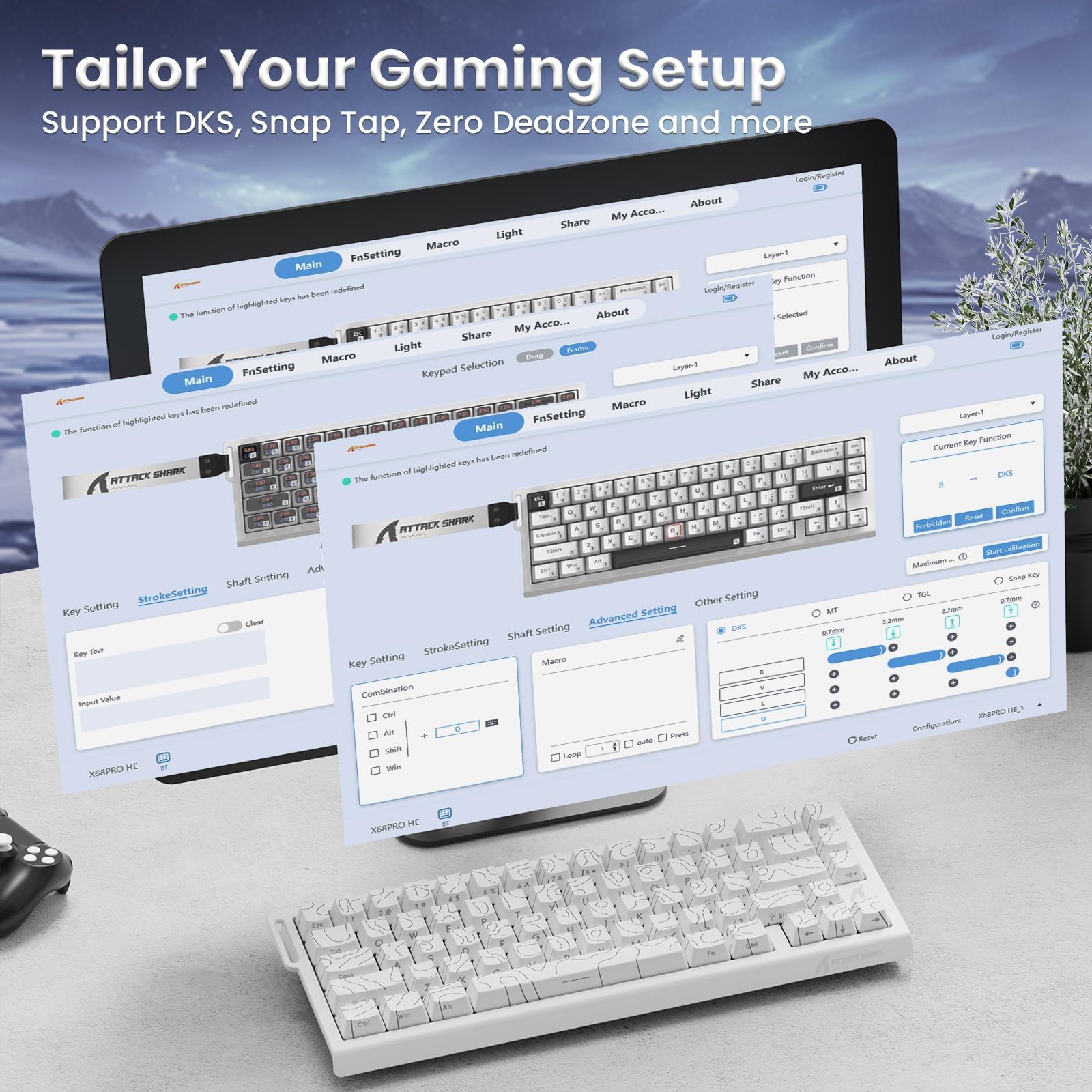ATTACK SHARK X68PRO HE Teclado Gaming Inalámbrico con Gatillo Rápido, Precisión RT de 0,01 mm, 8000Hz, Interruptores Magnéticos Teclado con C01Cable, Activación Ajustable, Snap Tap, RGB - Blanco