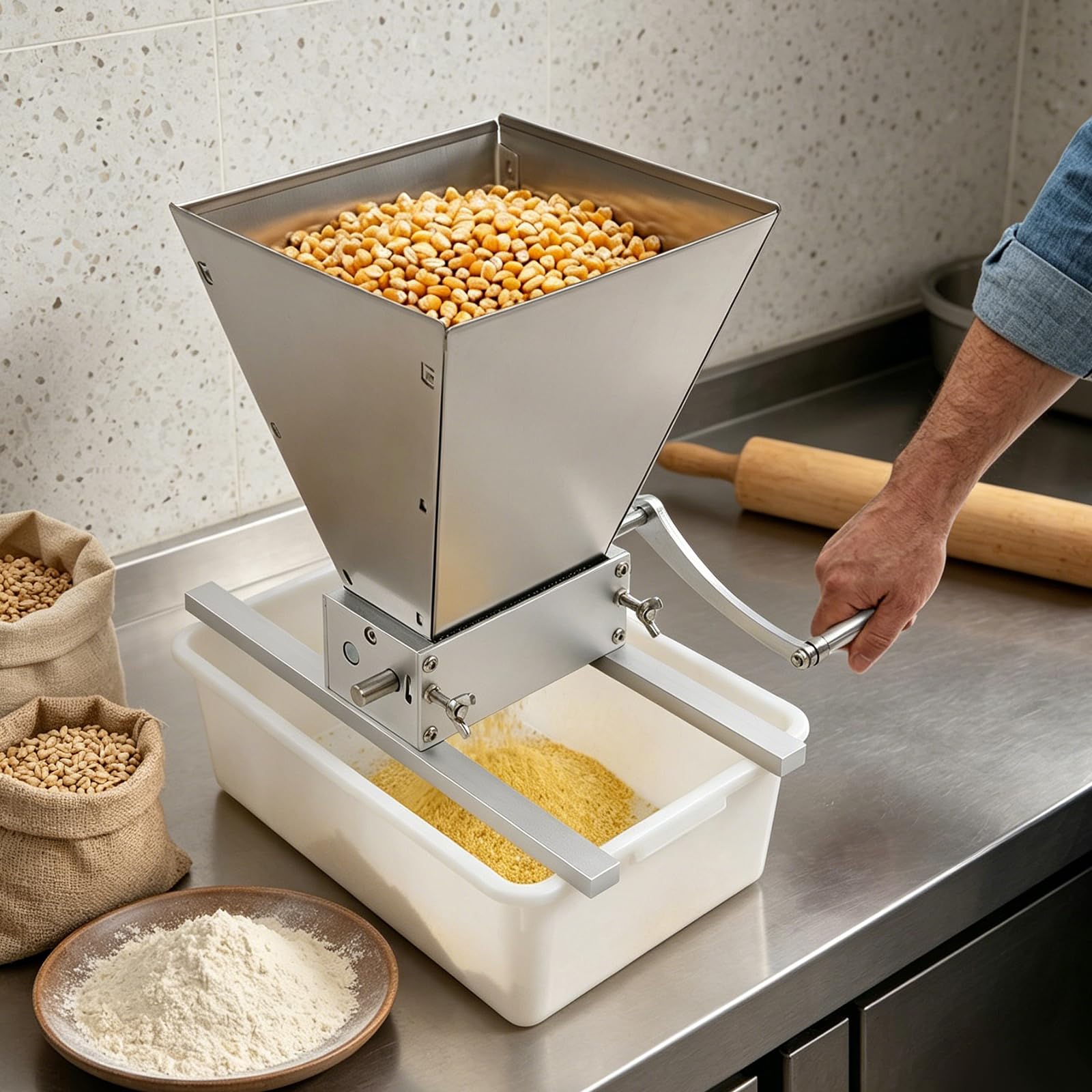 Macinino manuale per cereali, malta, 4 l, regolabile, in acciaio inox, per birra, orzo, grano, con distanza regolabile del rullo 0-2,5 mm
