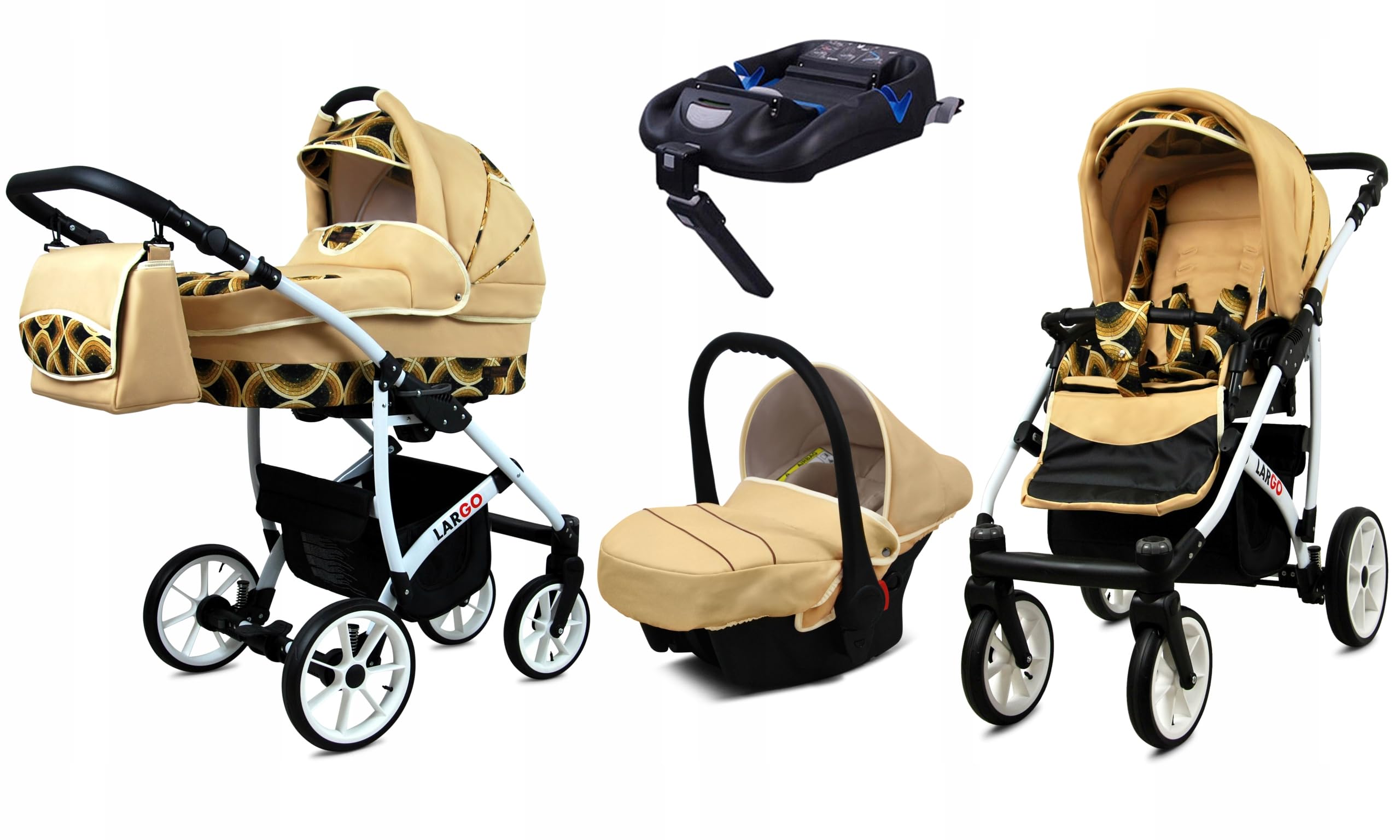 BabyLux Zestaw wózków dziecięcych 4 w 1 – Largo – w zestawie wanienka dla niemowląt, fotelik sportowy, fotelik samochodowy, stacja bazowa ISOFIX – fotelik samochodowy – zestaw wózków dziecięcych