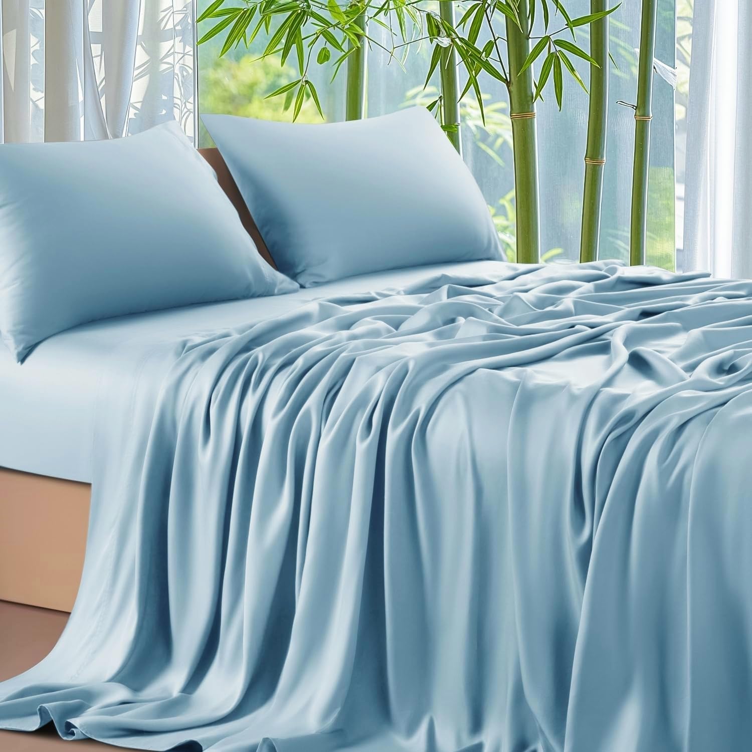 Gezu Bambus Spannbettlaken 160x200 cm Blau Hellblau Antibakteriell Weich Spannbetttücher Kühlende Bambus Boxspringbett Bettlaken Leintuch Spannbetttuch 160x200 für Hohe Matratze bis 15-30 cm