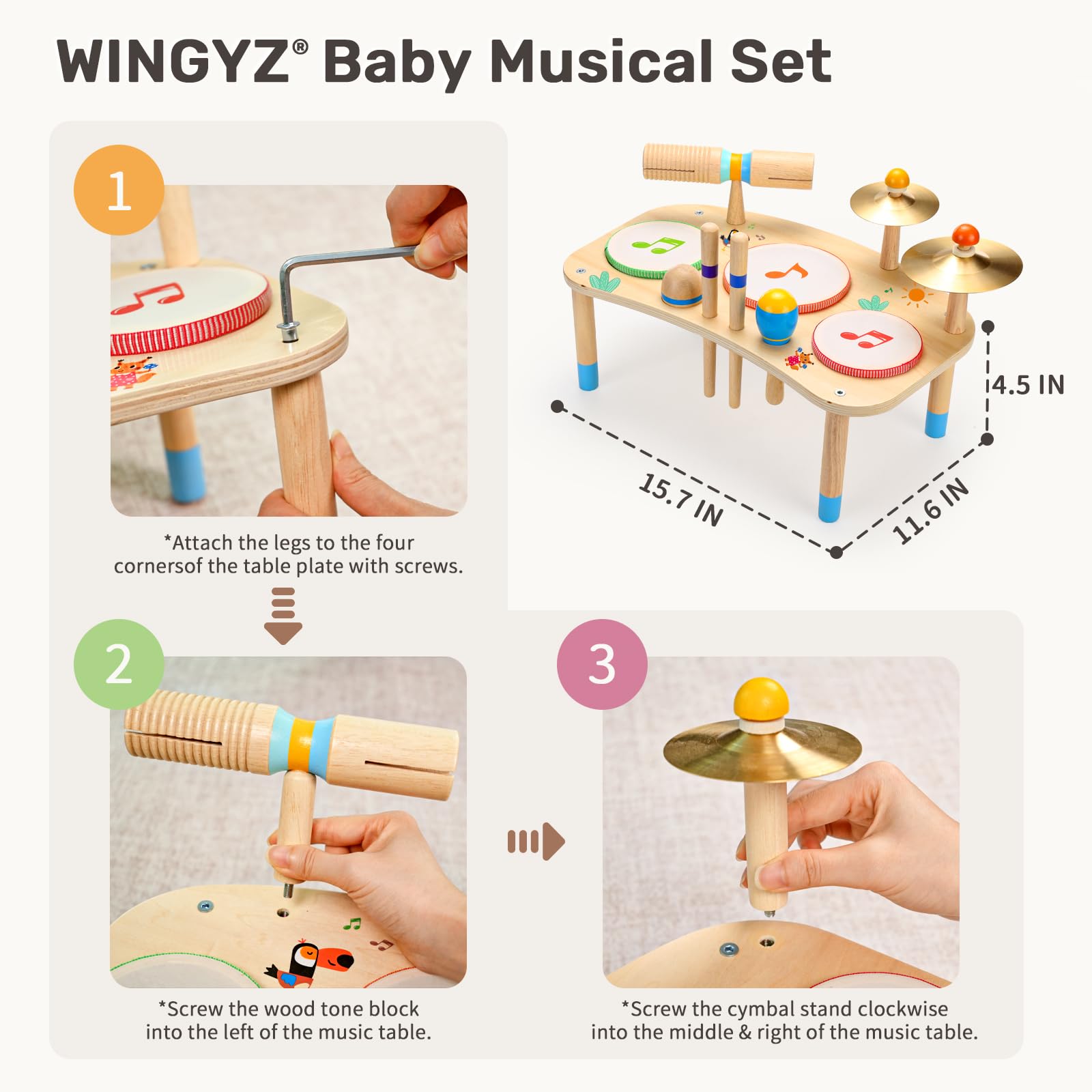 WINGYZ 11 in 1-Schlagzeug für Kinder ab 1 Jahr Musikinstrumenten-Set aus Holz, Baby-Schlagzeug mit Handgelenksglocken für Kleinkinder Geschenke zum 1. Geburtstag für Jungen und Mädchen Musikspielzeug