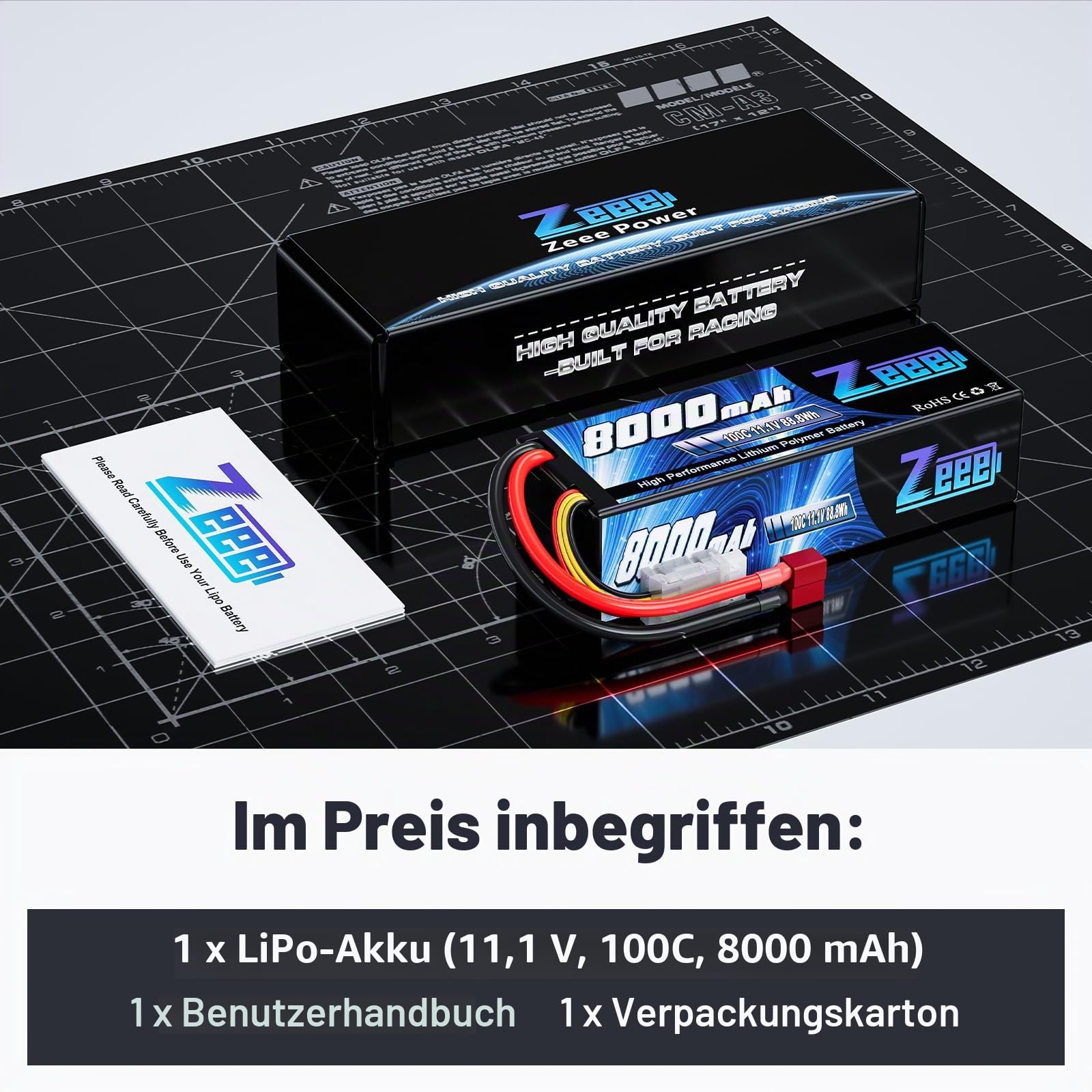 Zeee 3S Lipo Akku 11,1V 8000mAh 100C RC Batterie Hardcase mit T Stecker
