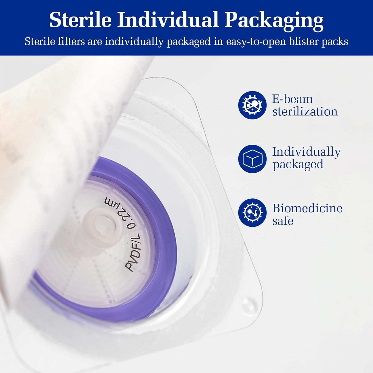 50 Pack Syringe Filter Sterilized PVDF Hydrophilic Filtration 0.45um Pore Size, 33mm Membrane Individually Packed