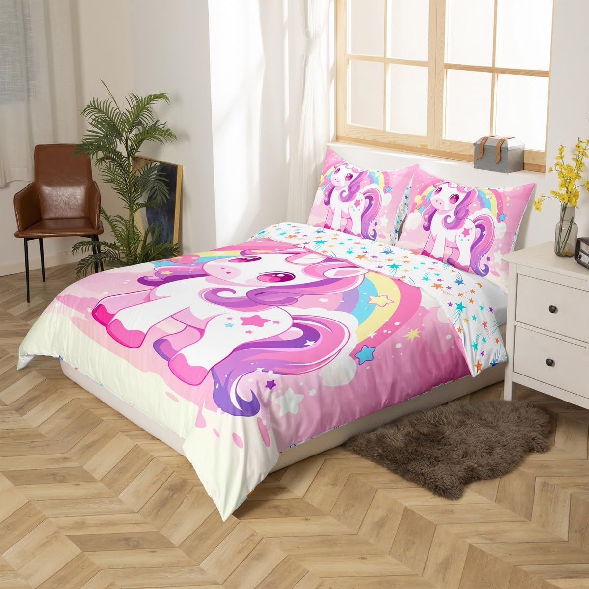 jejeloiu Girls Cute Unicorn Duvet Cover Toddler Size Kids Pink Dreamy Horse Rainbow Comforter Cover Set for Boys Teens Unicorn Glitter Bedding Set Floral Printed Unicorn Bedspread Cover Quilt Cover