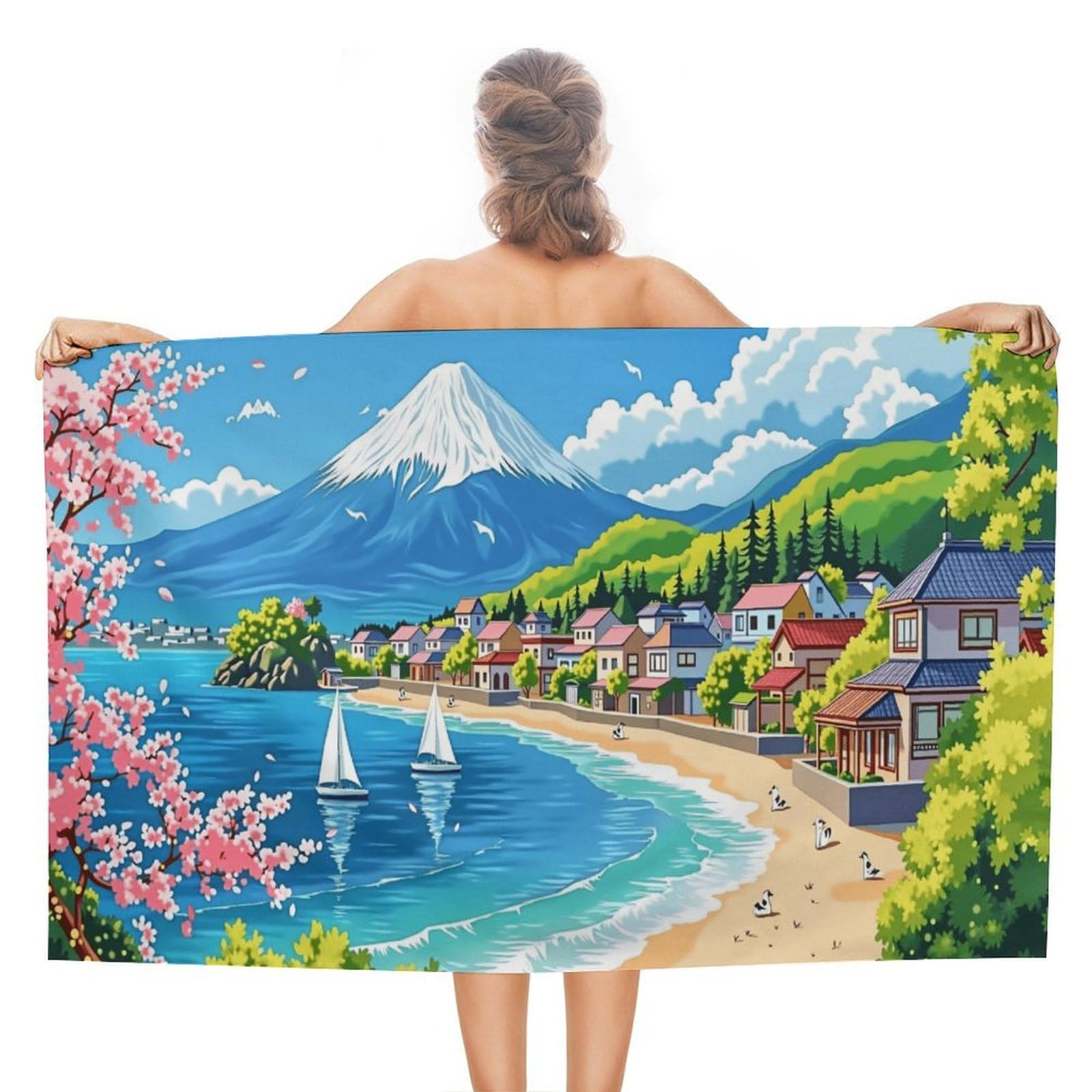 Anceky Japanese Village Beach Scene Beach Towel Microfiber Soft Absorbent Oversized Large Bath Towel Blanket Thin Quick Dry for Adults Swimming Pool Yoga Gym Travel 51"X31"