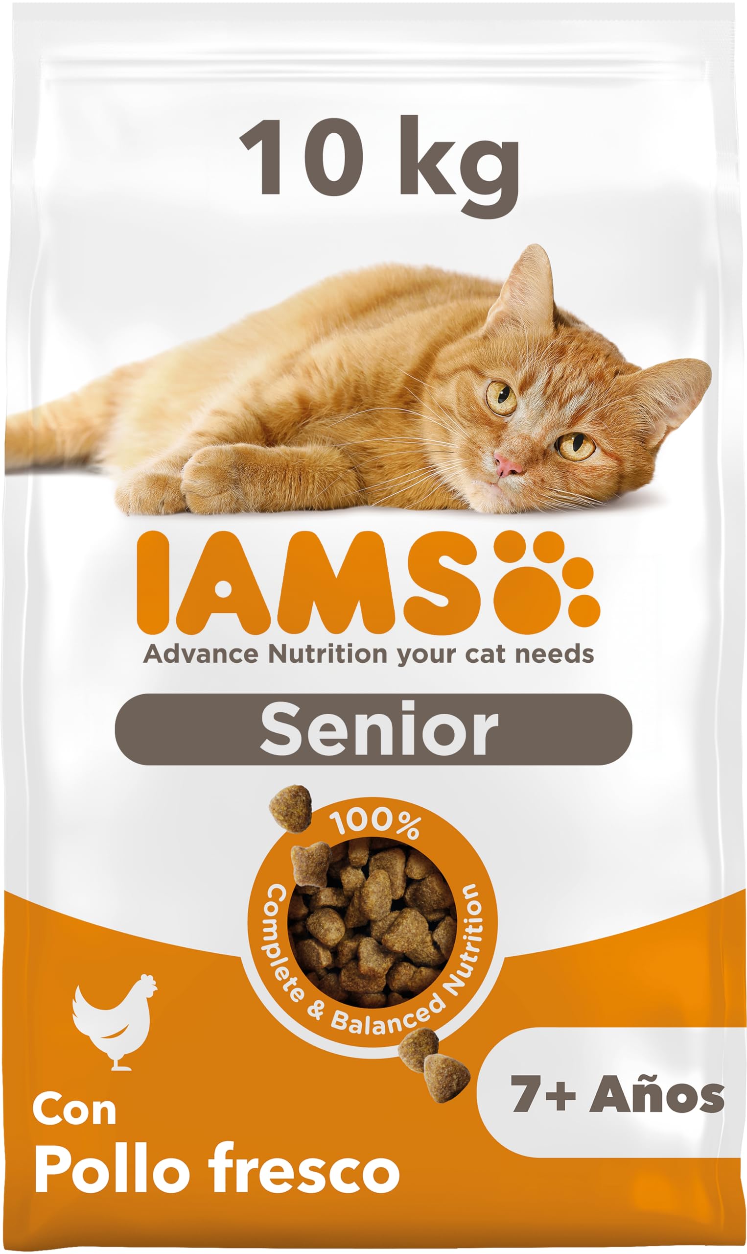 IAMS Alimento seco para gatos de edad avanzada con pollo fresco, comida seca para gatos senior de más de 7 año, 10 kg