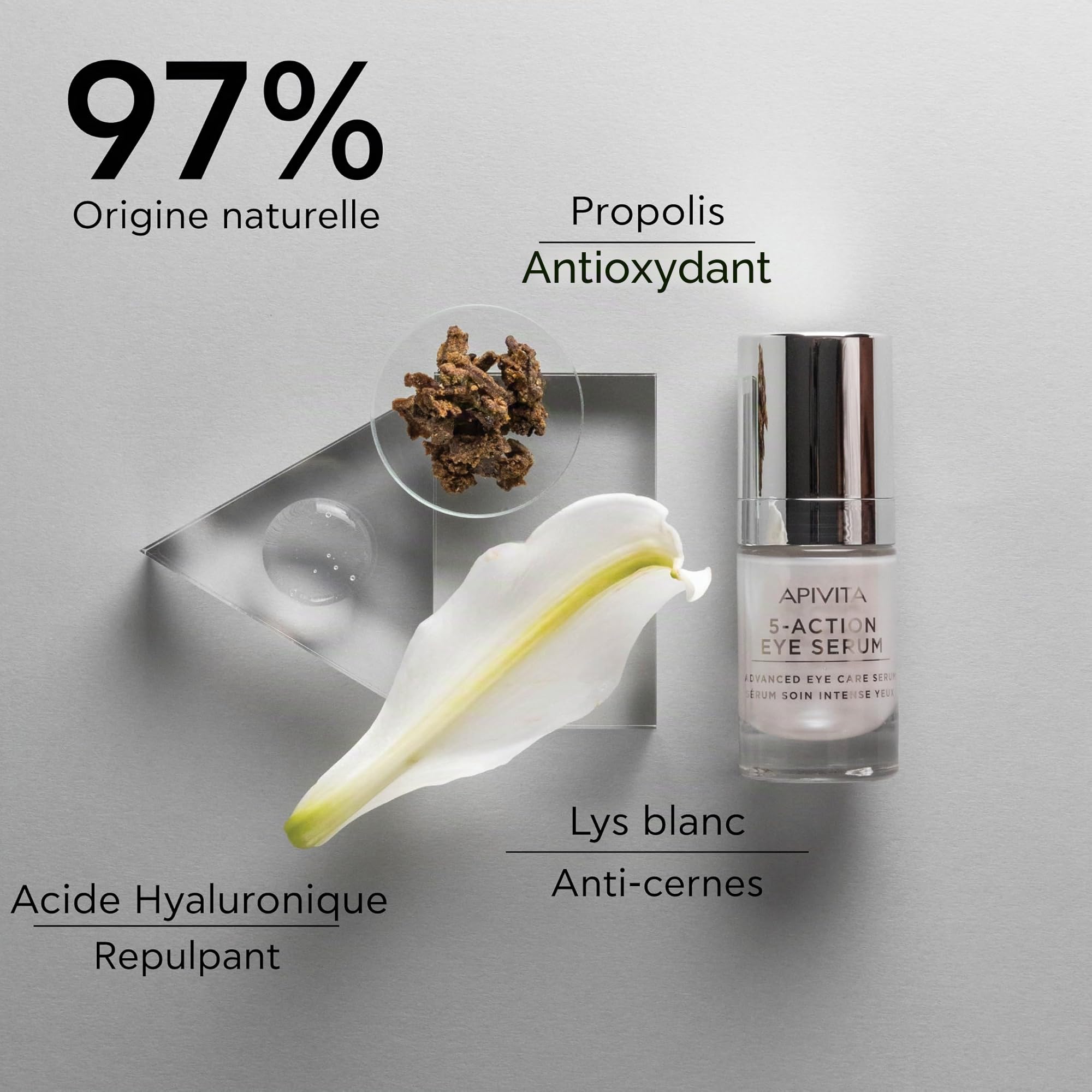 Apivita 5 Actions Sérum Soin Intensif Yeux 15ml - Enrichi en propolis et lys blanc - Combat les cernes, les poches sous les yeux, les ridules autour des yeux, les signes de fatigue