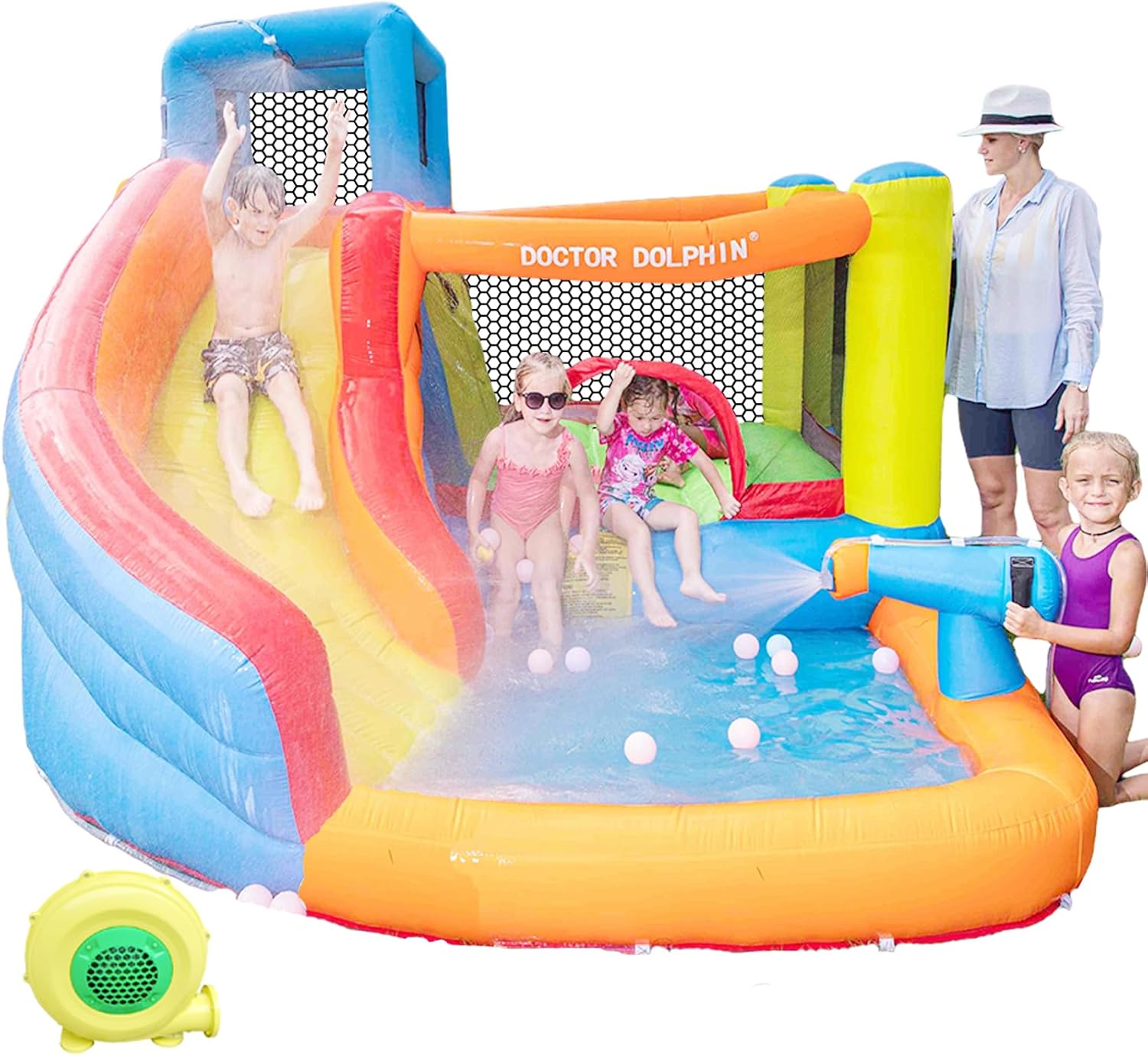 Doctor Dolphin Bounce House for Kids, Inflatable Water Slide, Indoor Bouncy House with Waterslide, Kids Bouncy Castle with Slide, Jump House Water Bounce House for Wet and Dry(Blower Included)
