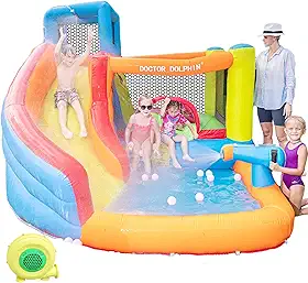 Doctor Dolphin Toboágua Inflável, Casa De Salto Com Toboágua Com Escorregador, Casa De Salto De Água Para Crianças, Toboágua Infantil Inflável Para Molhado E Seco (Ventilador De 450 W Incluído)