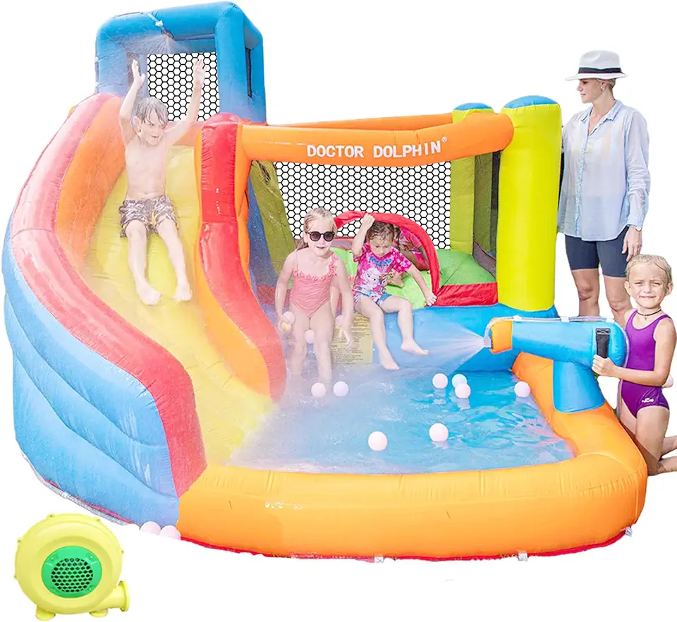 Doctor Dolphin Toboágua Inflável, Casa De Salto Com Toboágua Com Escorregador, Casa De Salto De Água Para Crianças, Toboágua Infantil Inflável Para Molhado E Seco (Ventilador De 450 W Incluído)